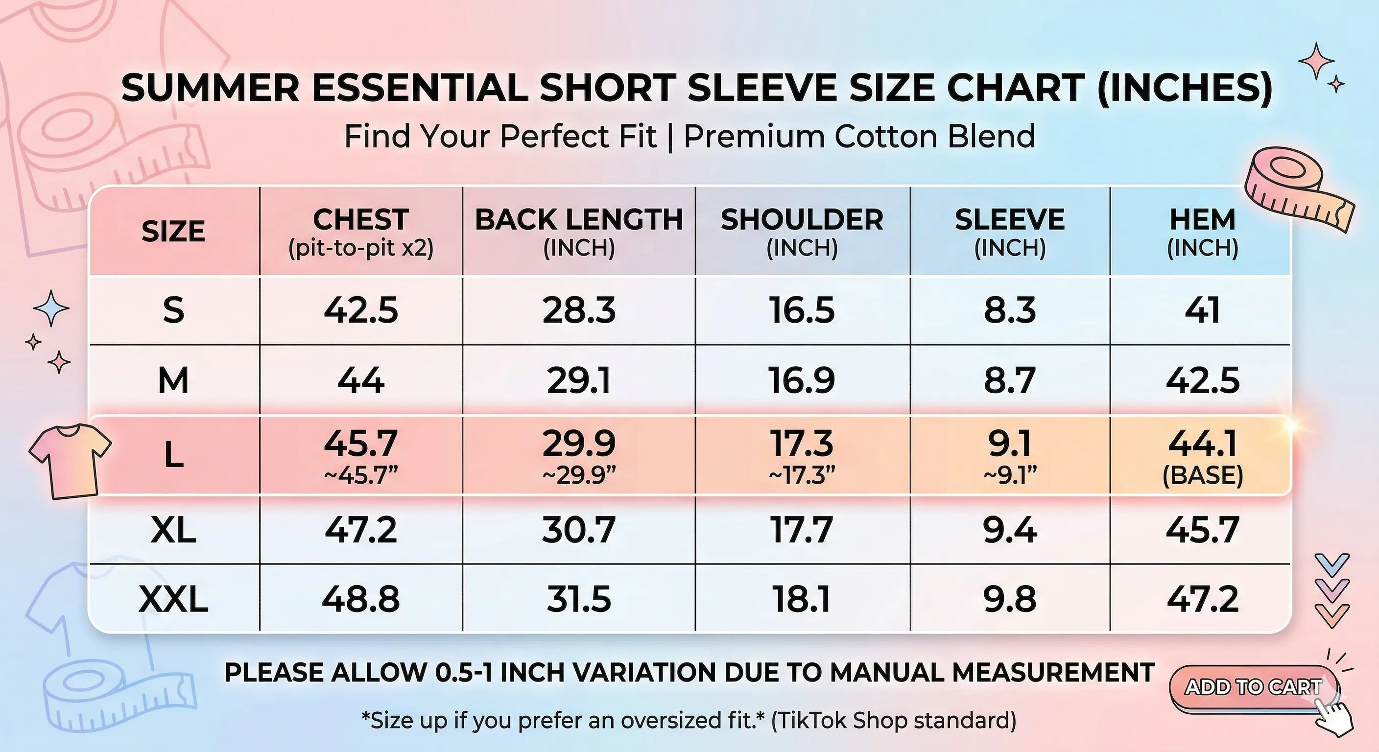 Summer essential short sleeve size chart with measurements in inches on a colorful background. TCH Anarchy Graphic Rhinestone T-Shirt