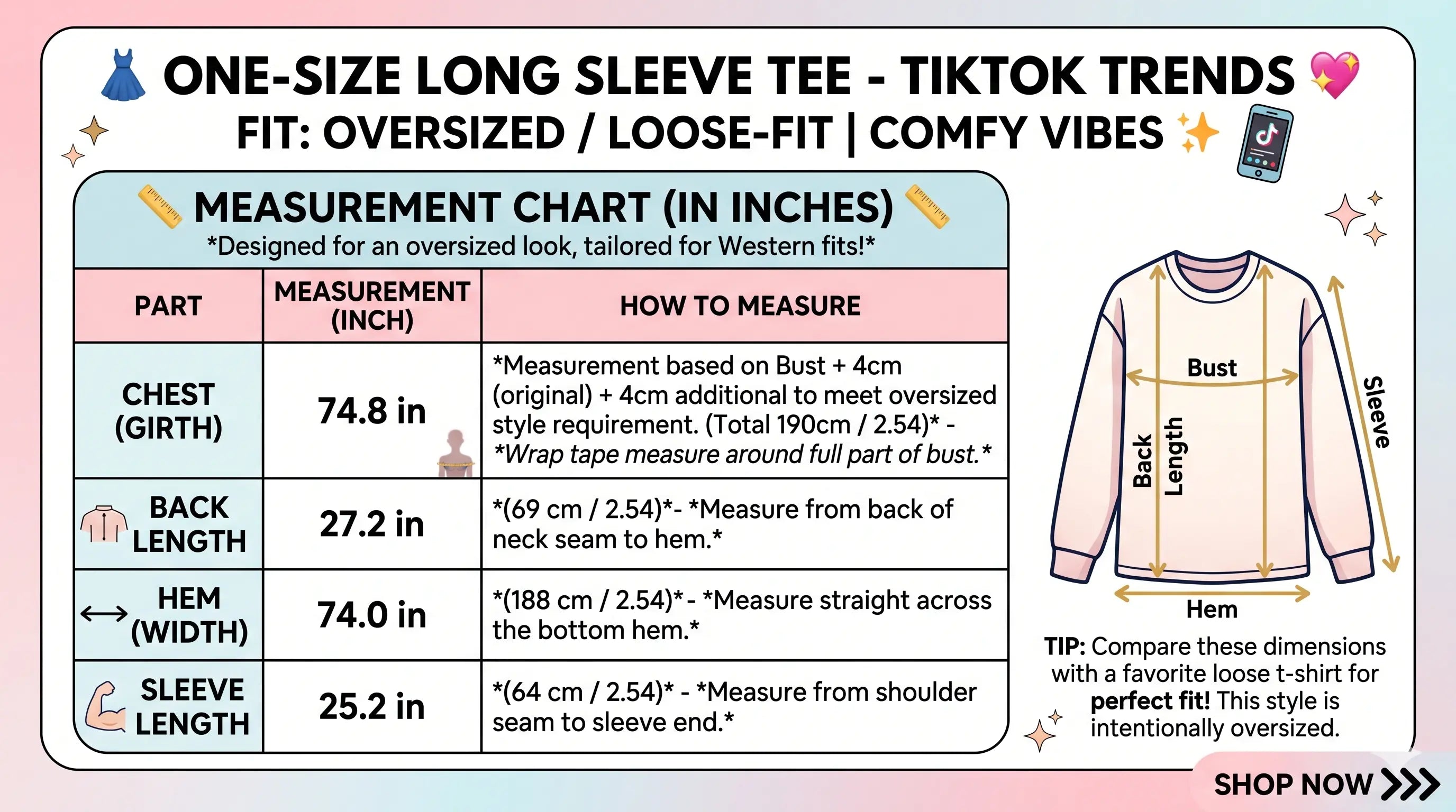 Measurement chart for a one-size long sleeve tee with TikTok trends label on a light blue background. TCH Angel Wings Rhinestone Oversized T-Shirt