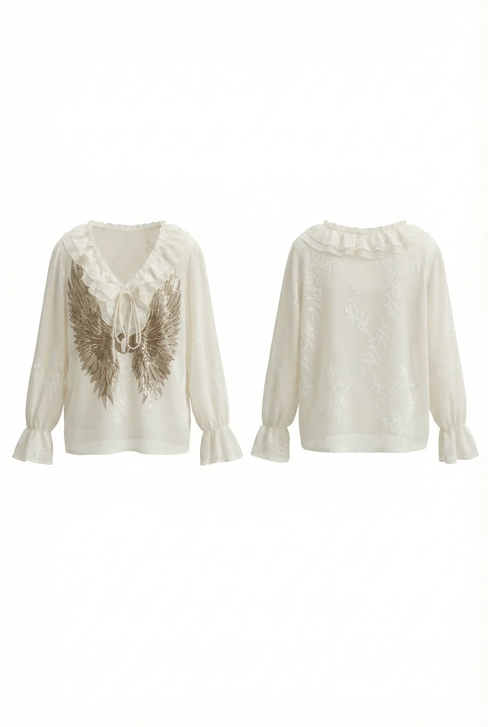 Two white blouse with long sleeves on a white background, TCH Angel Wings Rhinestone Ruffle Blouse