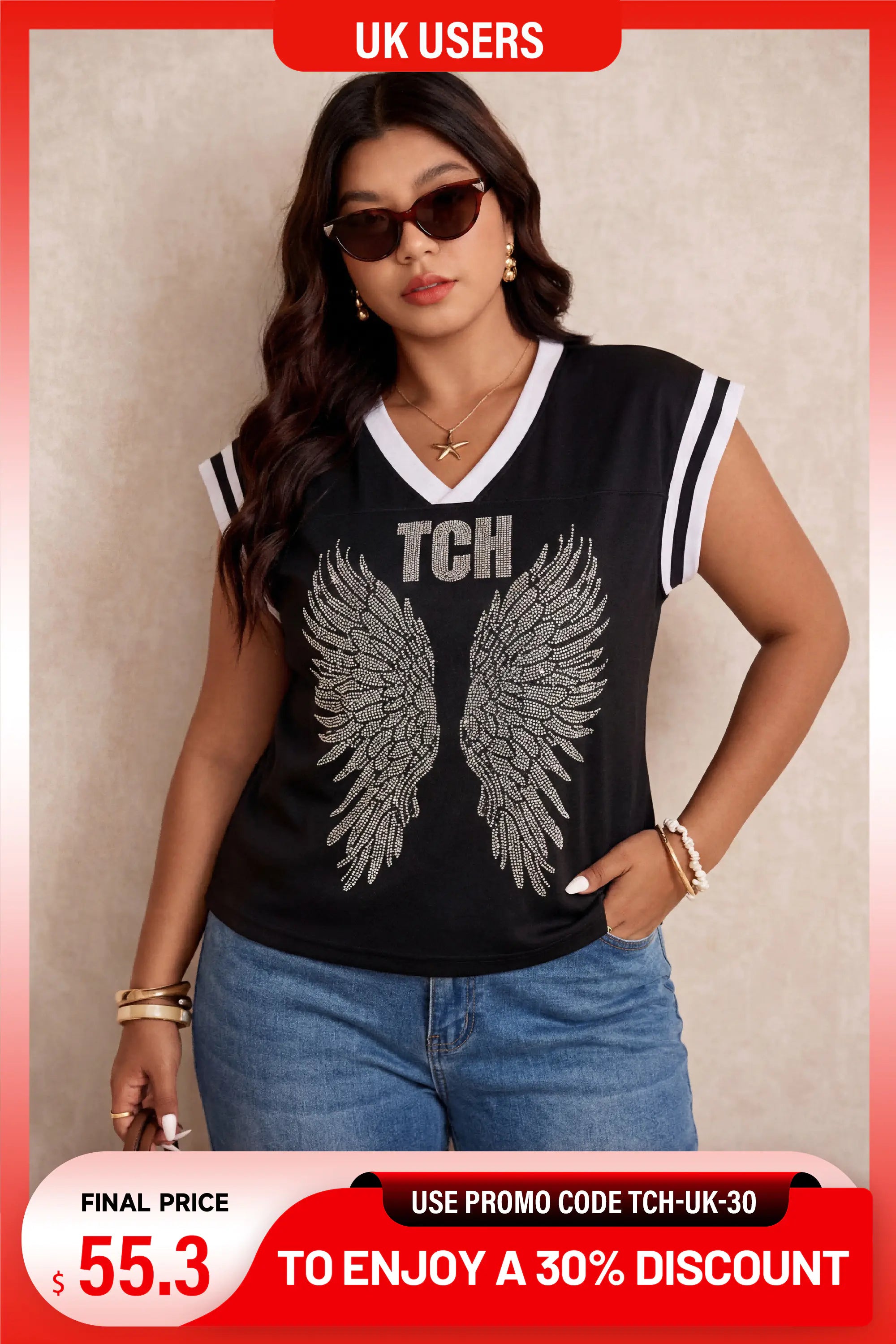 A woman modeling a black V-neck sleeveless top with white trim, featuring a large silver wing graphic and the text 'TCH' on the front, paired with blue jeans against a beige textured background. TCH Angel Wings Rhinestone V-Neck Tee