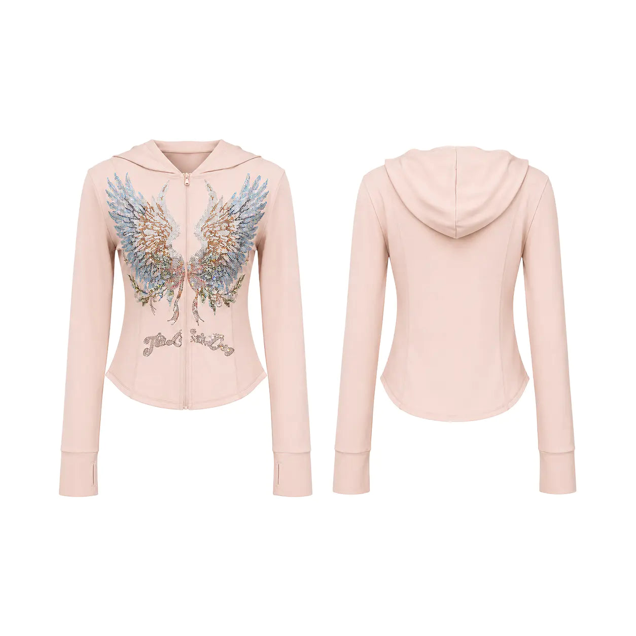 A light pink zip-up hoodie shown from both the front and back. The front features a large embroidered angel wing design in shades of blue, gold, and silver on the left chest, with the word 'grace' embroidered below it. TCH Angel Wings Rhinestone Zip-Up Hoodie