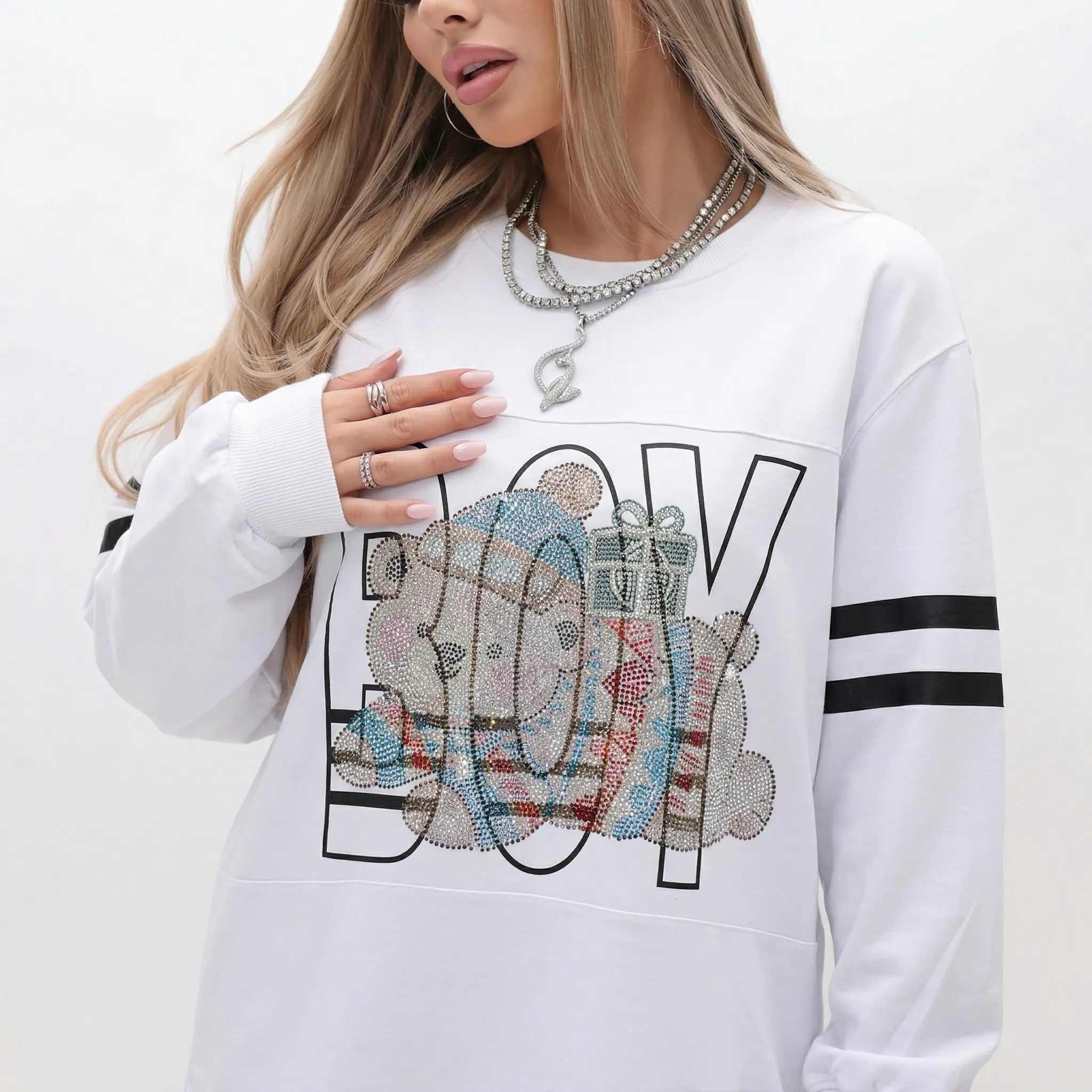 White sweatshirt with colorful bear design and 'BOY' text on a white background. TCH BOY Rhinestone Bear Sweatshirt-5
