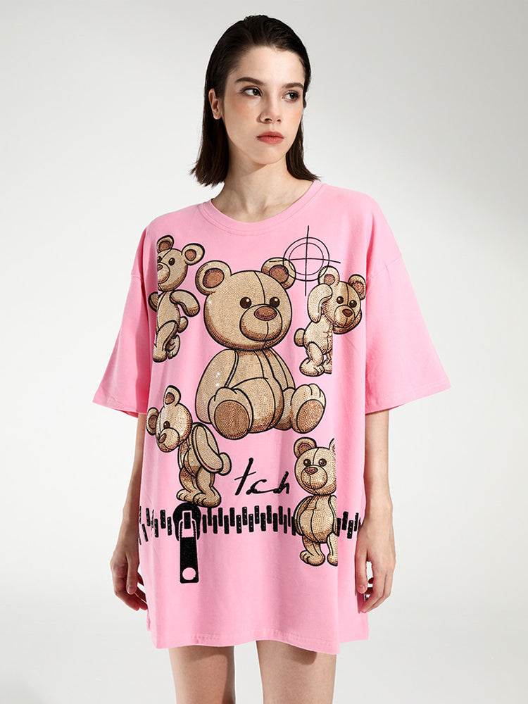 tch bear rhinestone short sleeve t-shirt in pink pink HighEnd Luxury Streetwear Brand Official Showcase