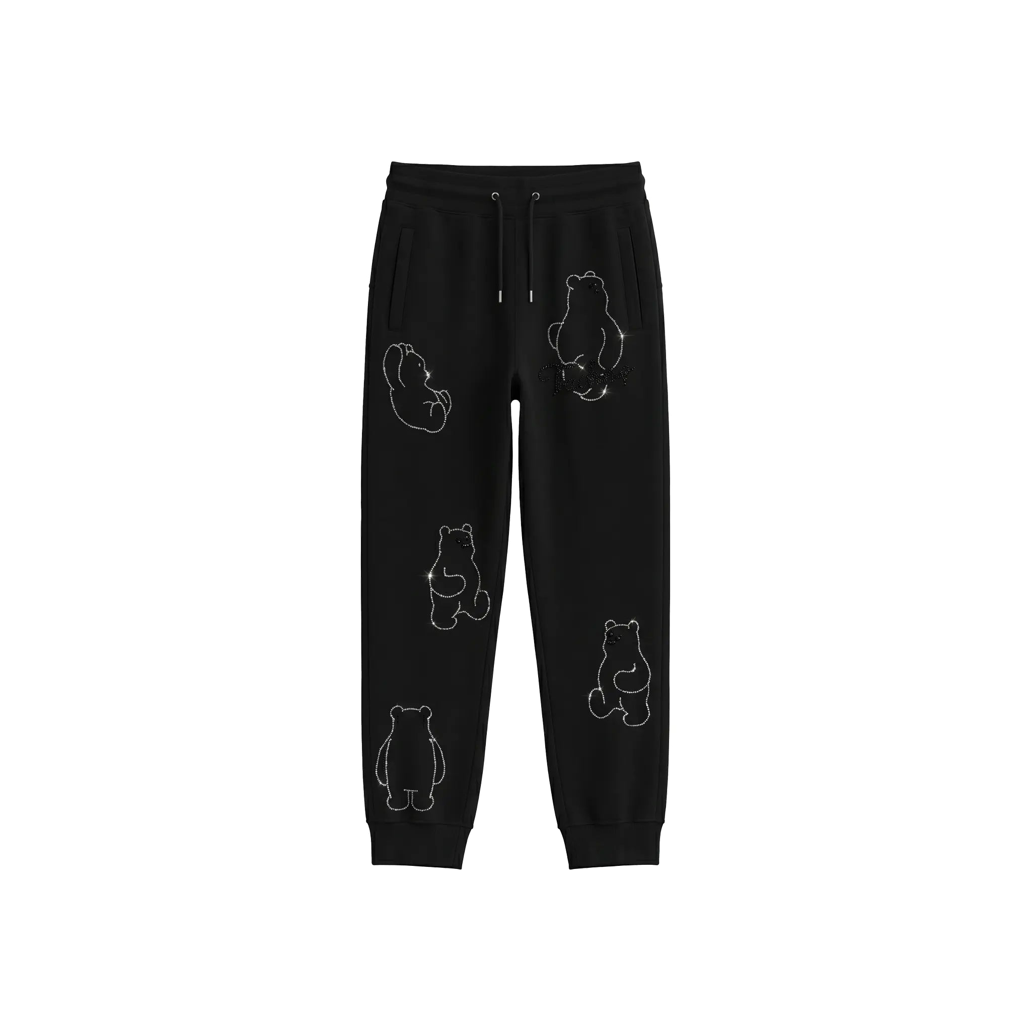 Black sweatpants with white bear illustrations on a white background. TCH Bear Sketch Rhinestone Jogger Pants