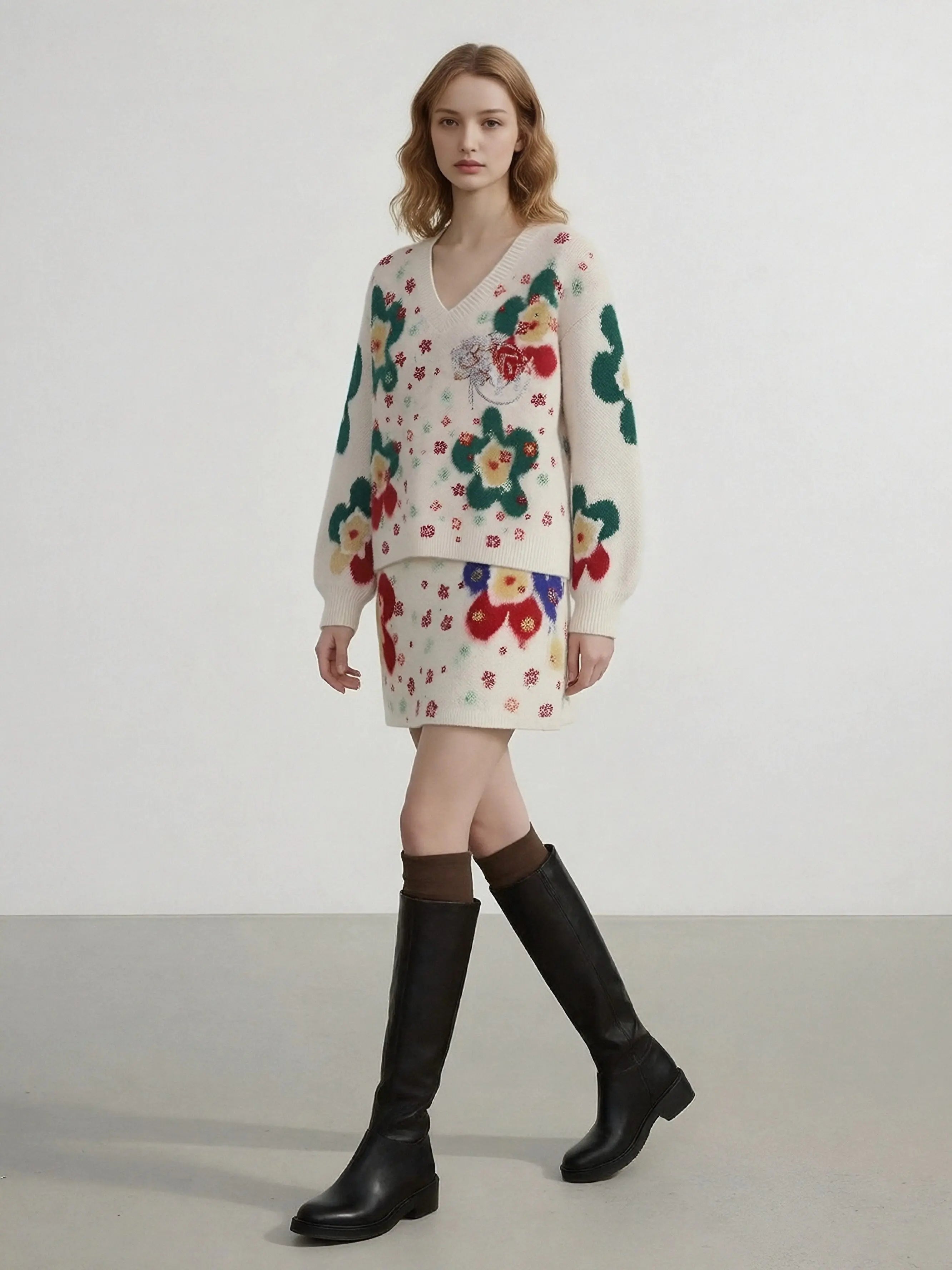 Woman wearing a floral dress with knee-high boots on a plain background, TCH Beige Floral Rhinestone V-Neck Sweater & Wool Mini Skirt Set