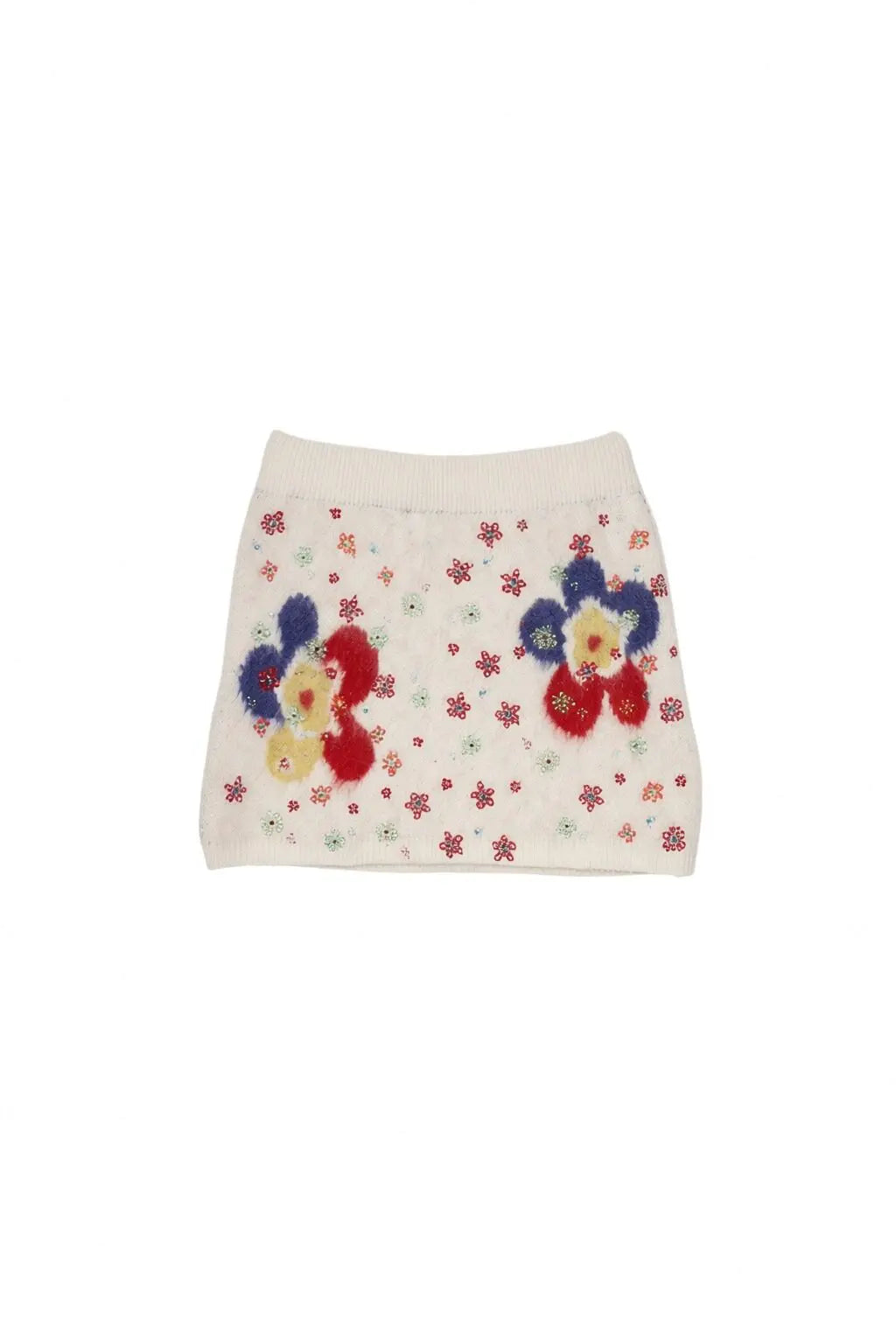 Knitted skirt with colorful bear design on a white background, TCH Beige Floral Rhinestone V-Neck Sweater & Wool Mini Skirt Set