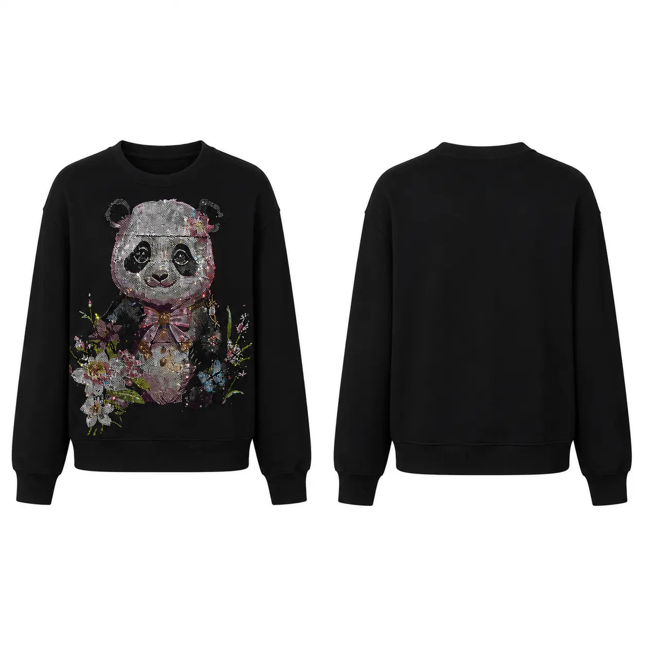 Black crewneck sweatshirt shown from the front and back. The front features a large, detailed graphic of a panda decorated with pink flowers and green leaves. TCH Black Panda Rhinestone Sweatshirt