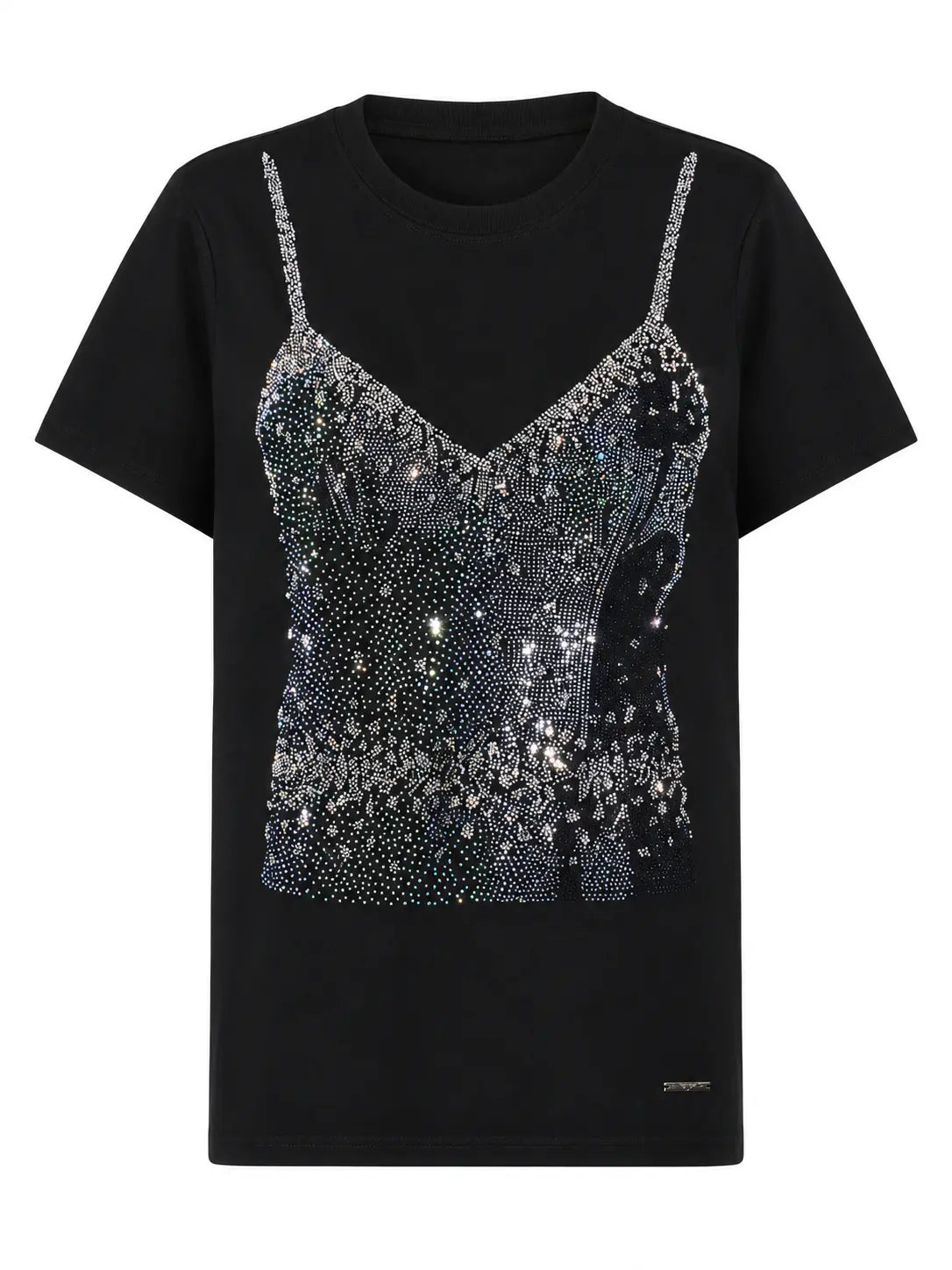A black short-sleeve t-shirt featuring a rhinestone-embellished camisole-style front panel with thin sparkly straps, shown on a plain white background. TCH Black Rhinestone Corset Graphic T-Shirt