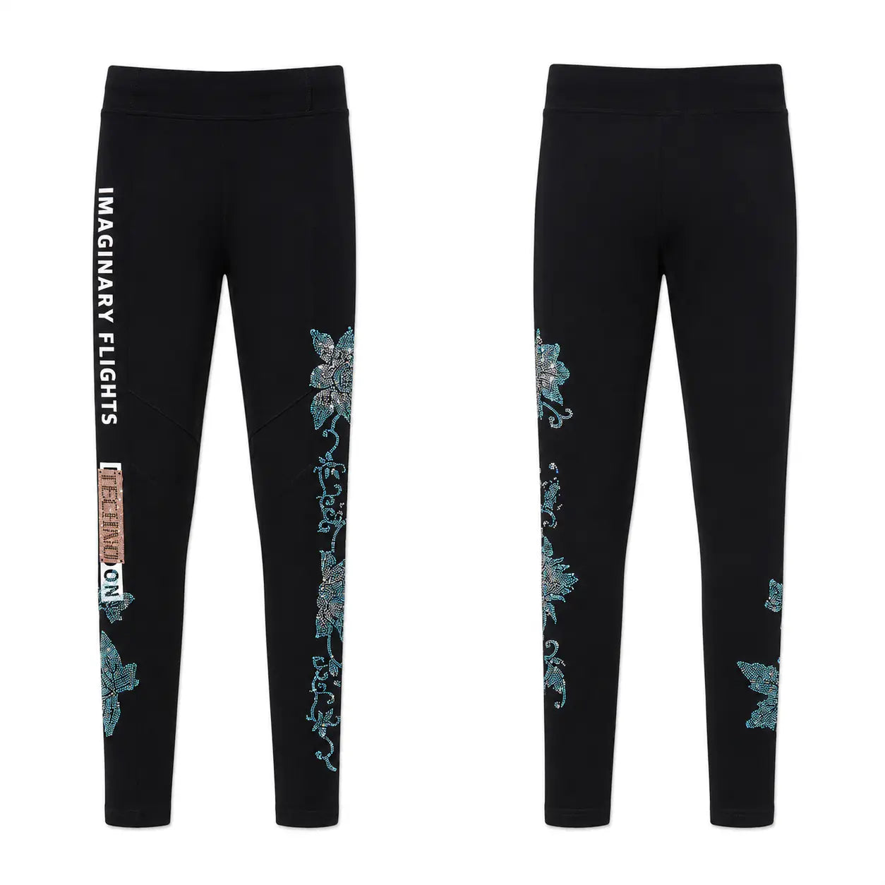 Black leggings shown from the front and back, featuring vertical white text reading 'IMAGINARY FLIGHTS' and 'WANDERER' on the left leg, with teal floral vine embroidery running down the front legs. TCH Black Rhinestone Floral Leggings