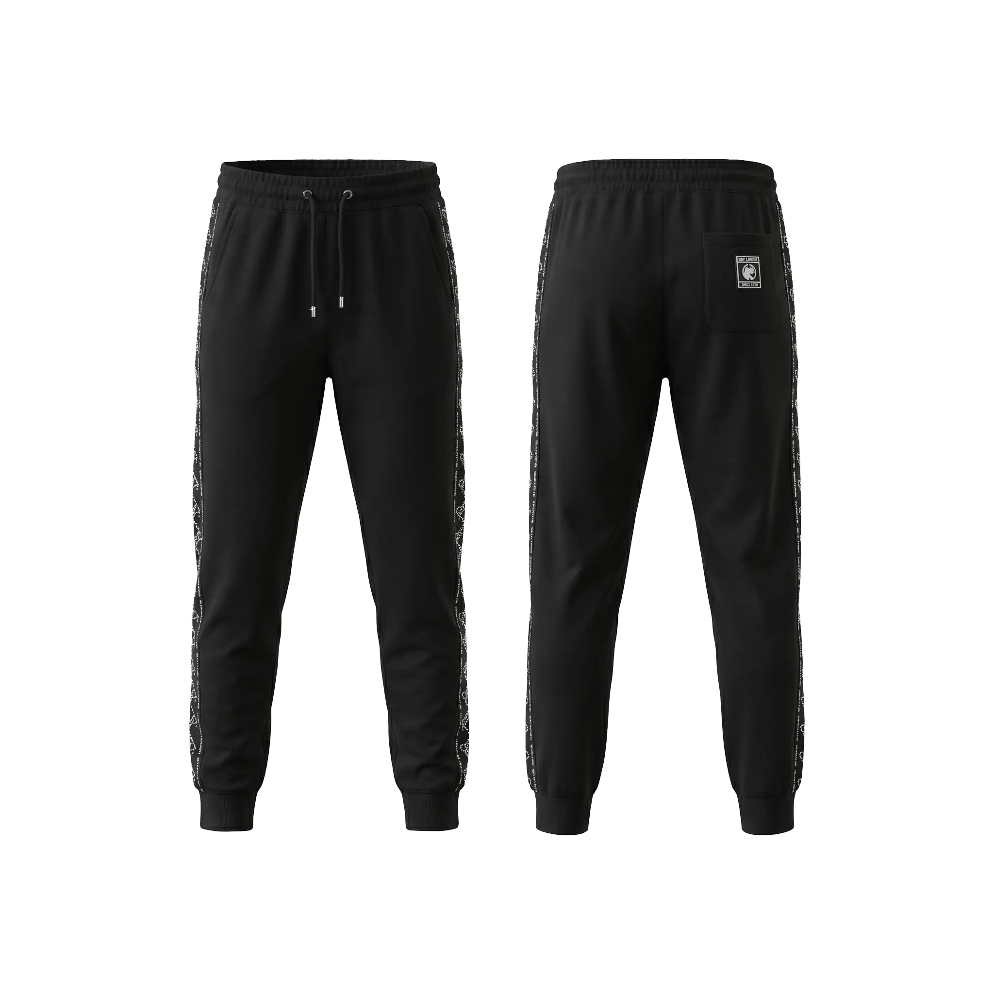 Black jogger pants with side stripes on a white background, TCH Black Rhinestone Side Stripe Jogger Pants