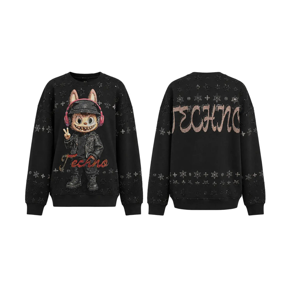 A black crewneck sweatshirt shown from both front and back views. The front features a graphic of a cartoon character in a space suit with 'Techno' written in red script. TCH Black Techno Bunny Rhinestone Graphic Sweatshirt