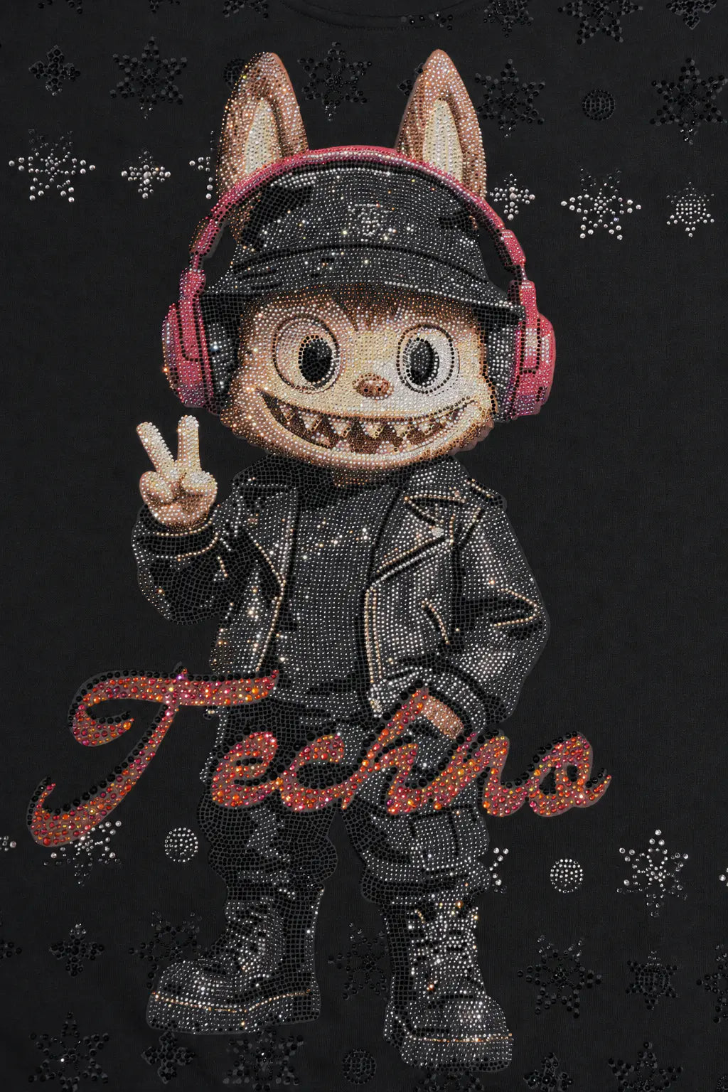 A stylized cartoon rabbit character wearing a black cap, pink headphones, and a black jacket, with the word 'Techno' in glittery red script on a black background with small silver star motifs. TCH Black Techno Bunny Rhinestone Graphic Sweatshirt