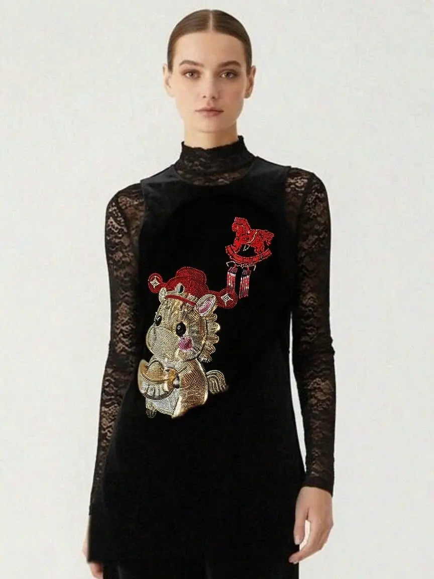 Black lace top with embroidered zebra design on a white background, TCH Black Vest Rhinestone Lucky Horse & Red Stitch Wooden Horse Design