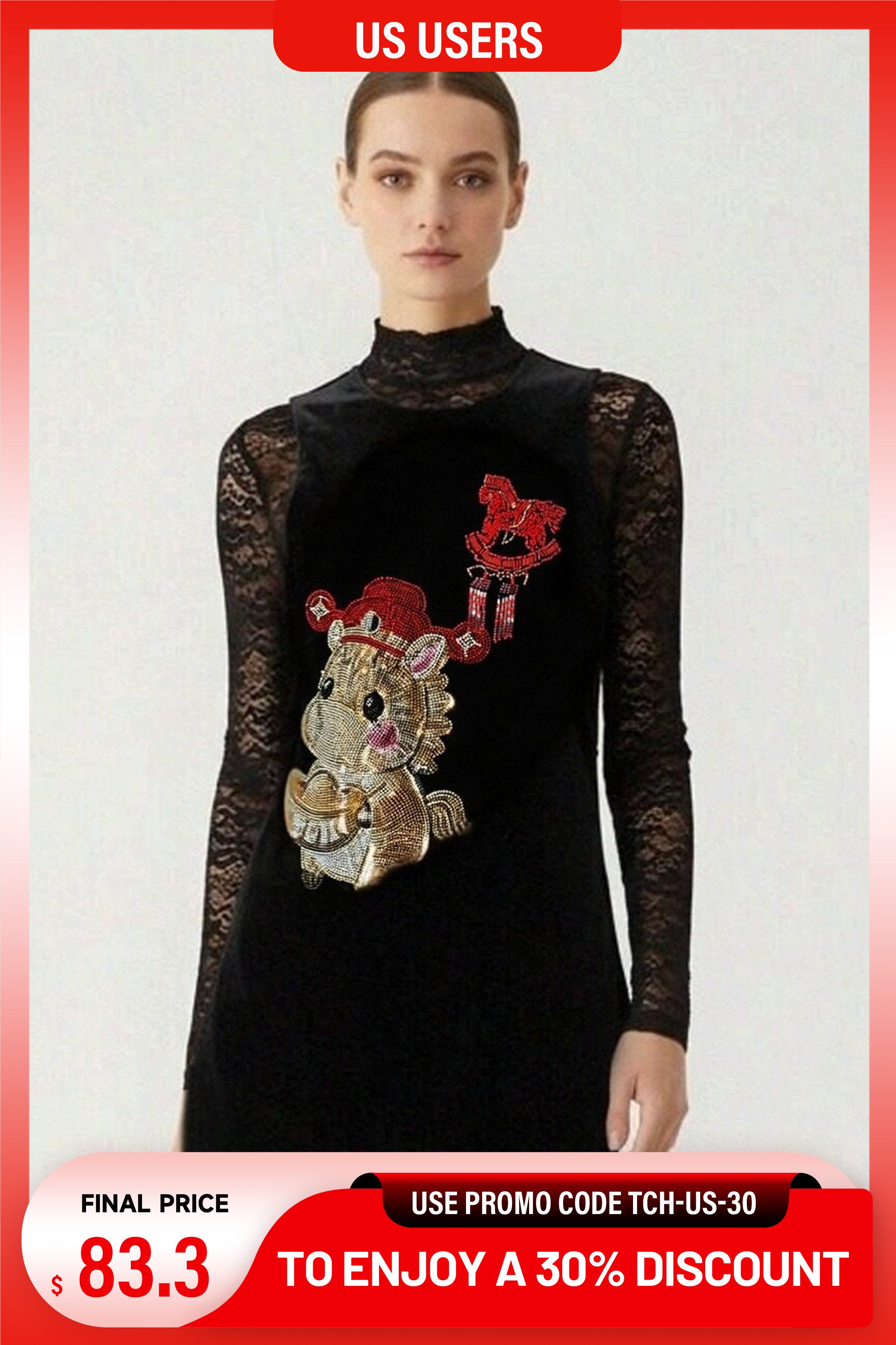 Black lace top with a decorative animal patch on a white background, TCH Black Vest Rhinestone Lucky Horse & Red Stitch Wooden Horse Design
