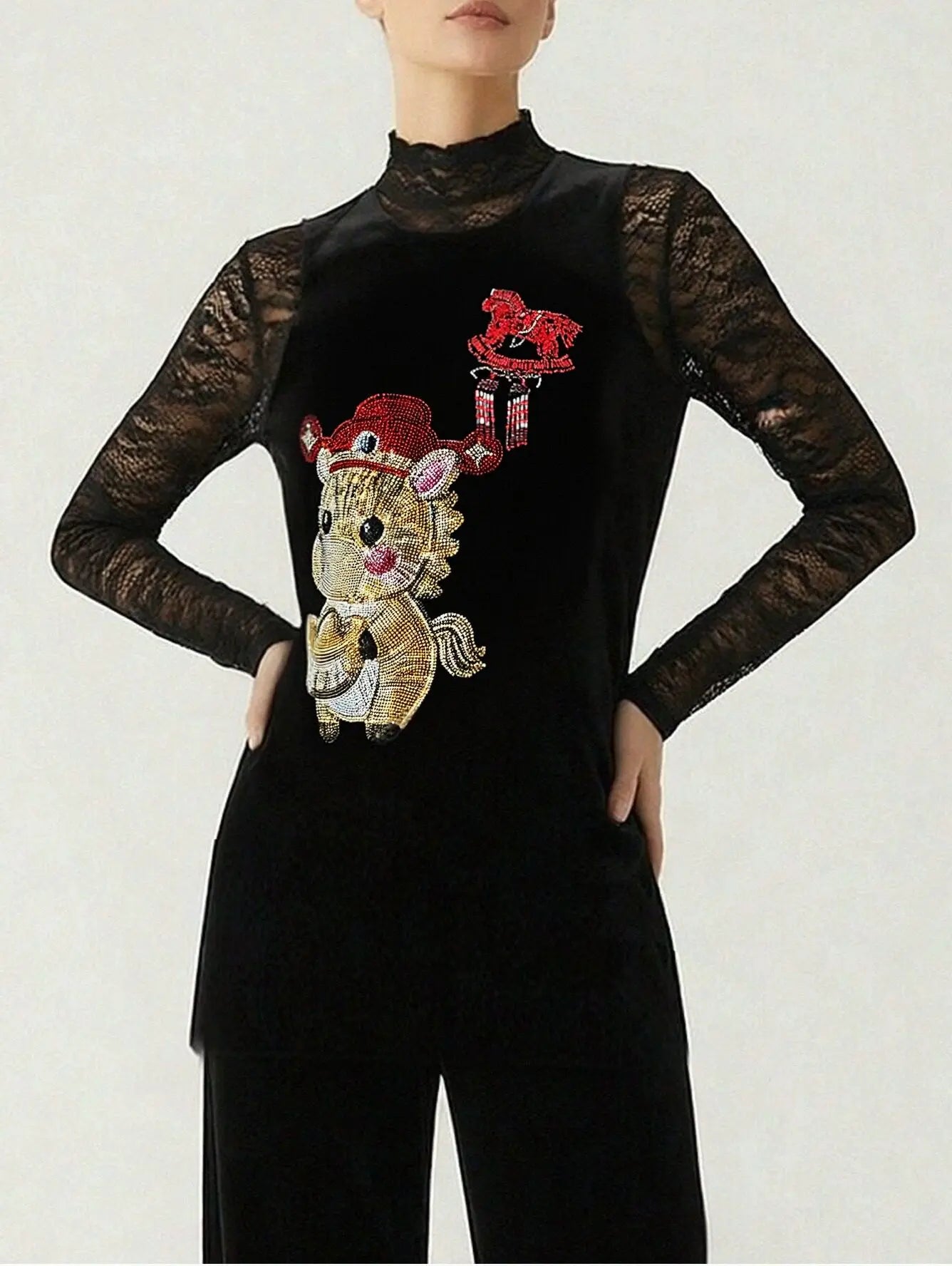 Black long-sleeve top with embroidered reindeer design on a white background, TCH Black Vest Rhinestone Lucky Horse & Red Stitch Wooden Horse Design