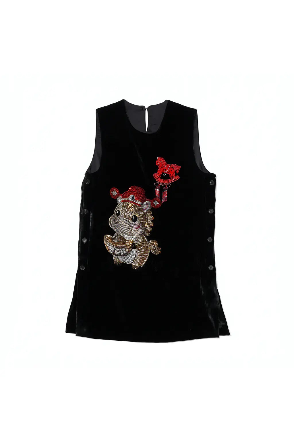 Black sleeveless top with a dragon design and red accents on a white background, TCH Black Vest Rhinestone Lucky Horse & Red Stitch Wooden Horse Design