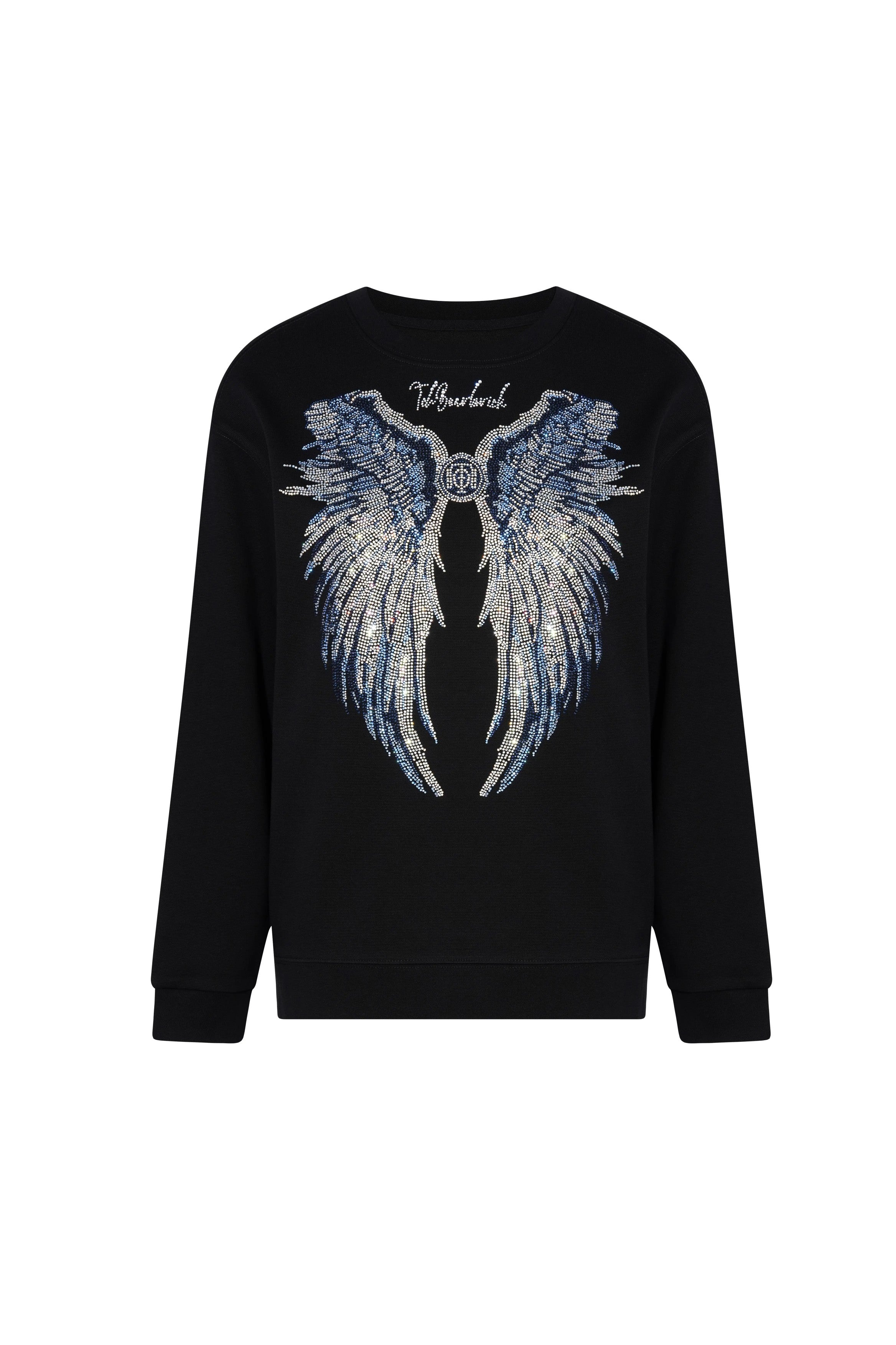 Black sweatshirt with a decorative angel wing design on a white background, TCH Blue Angel Wings Rhinestone Sweatshirt