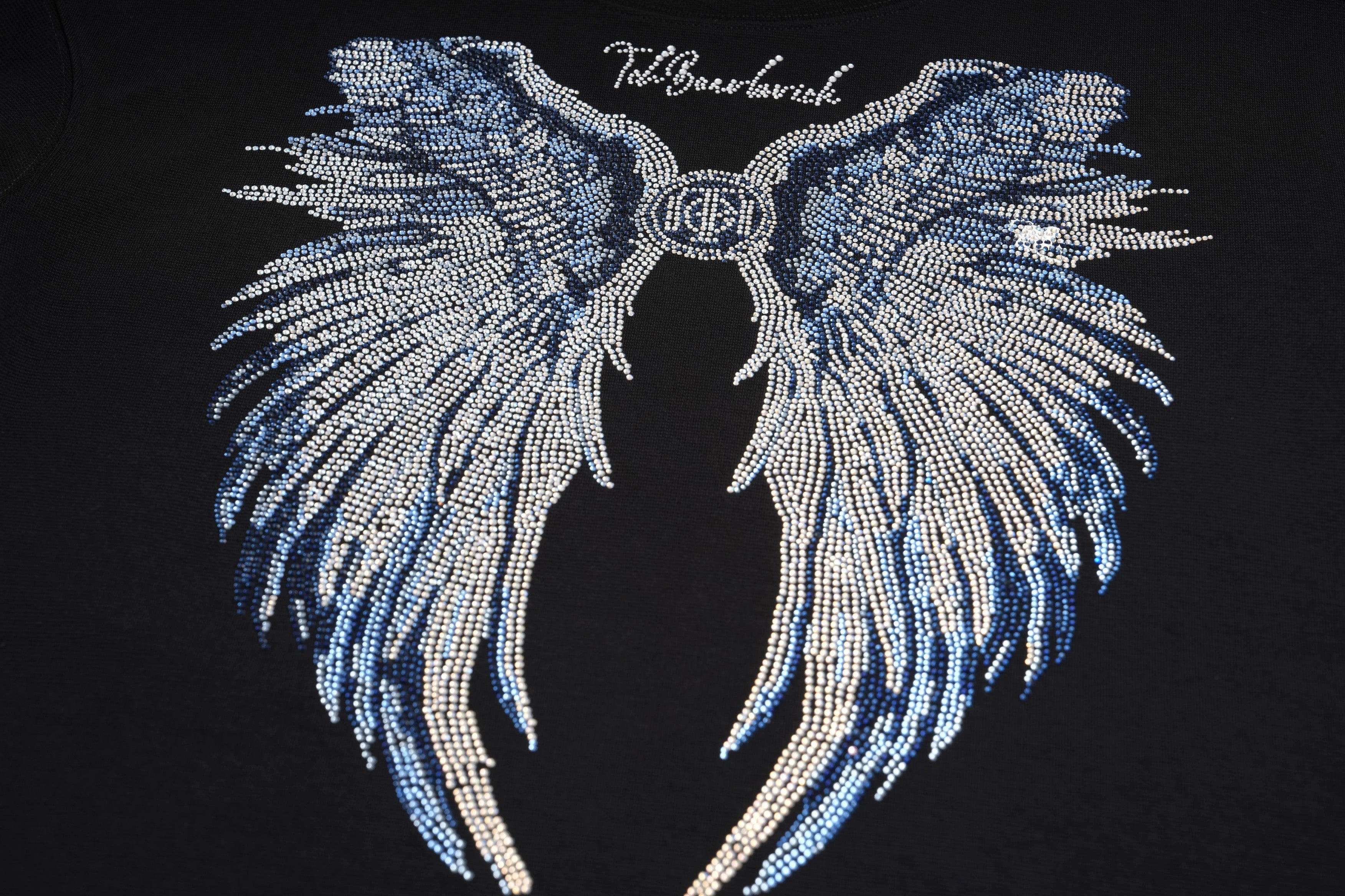 Decorative angel wings with rhinestones on a black background, TCH Blue Angel Wings Rhinestone Sweatshirt
