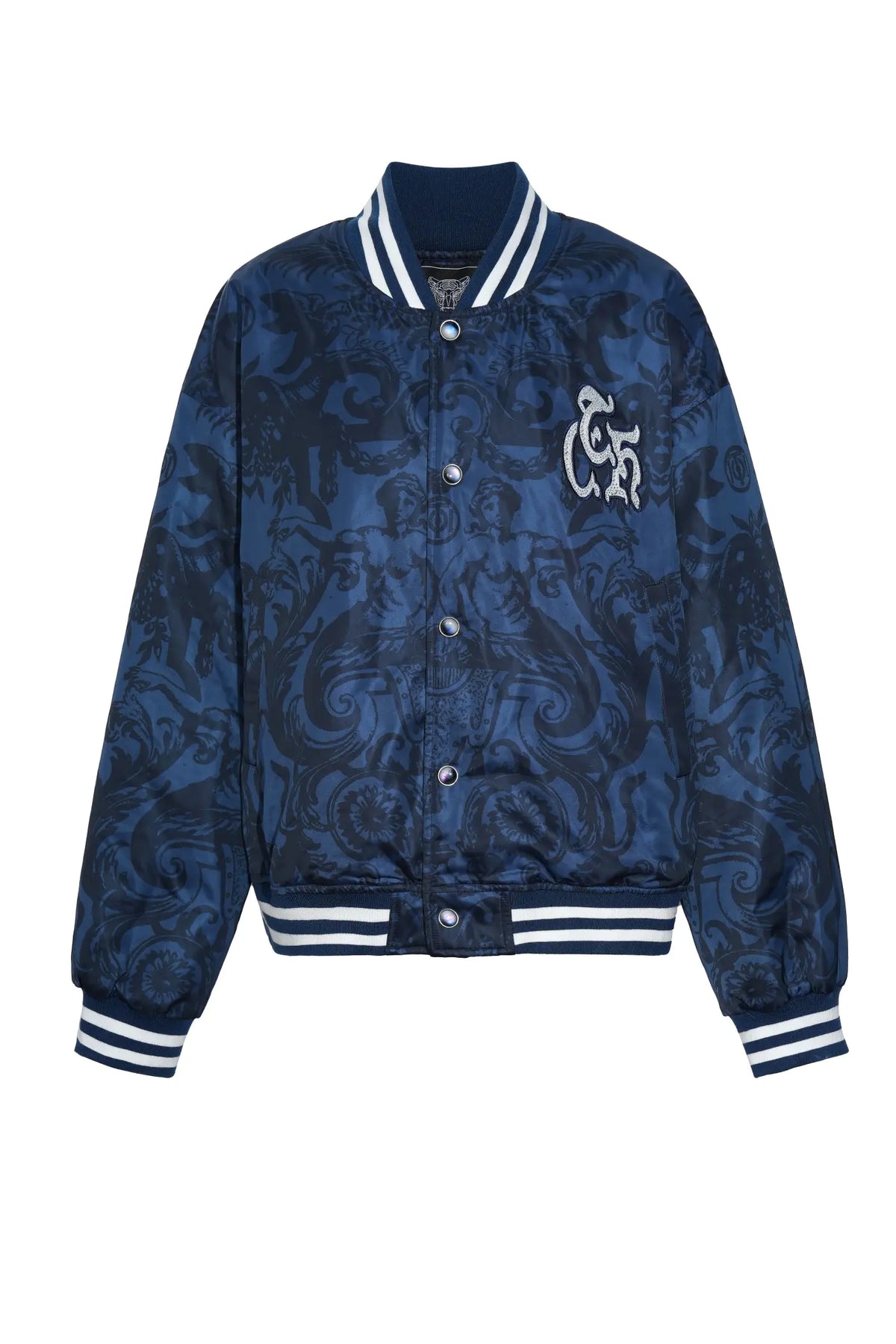 TCH Blue Baroque Pattern Embroidered Varsity Jacket TCH blue varsity jacket Blue baroque pattern jacket Gothic graphic varsity jacket Navy blue streetwear jacket Baroque print bomber jacket Embroidered varsity jacket Gothic lettering jacket Blue snap-button jacket Ornamental print streetwear jacket TCH graphic bomber jacket
