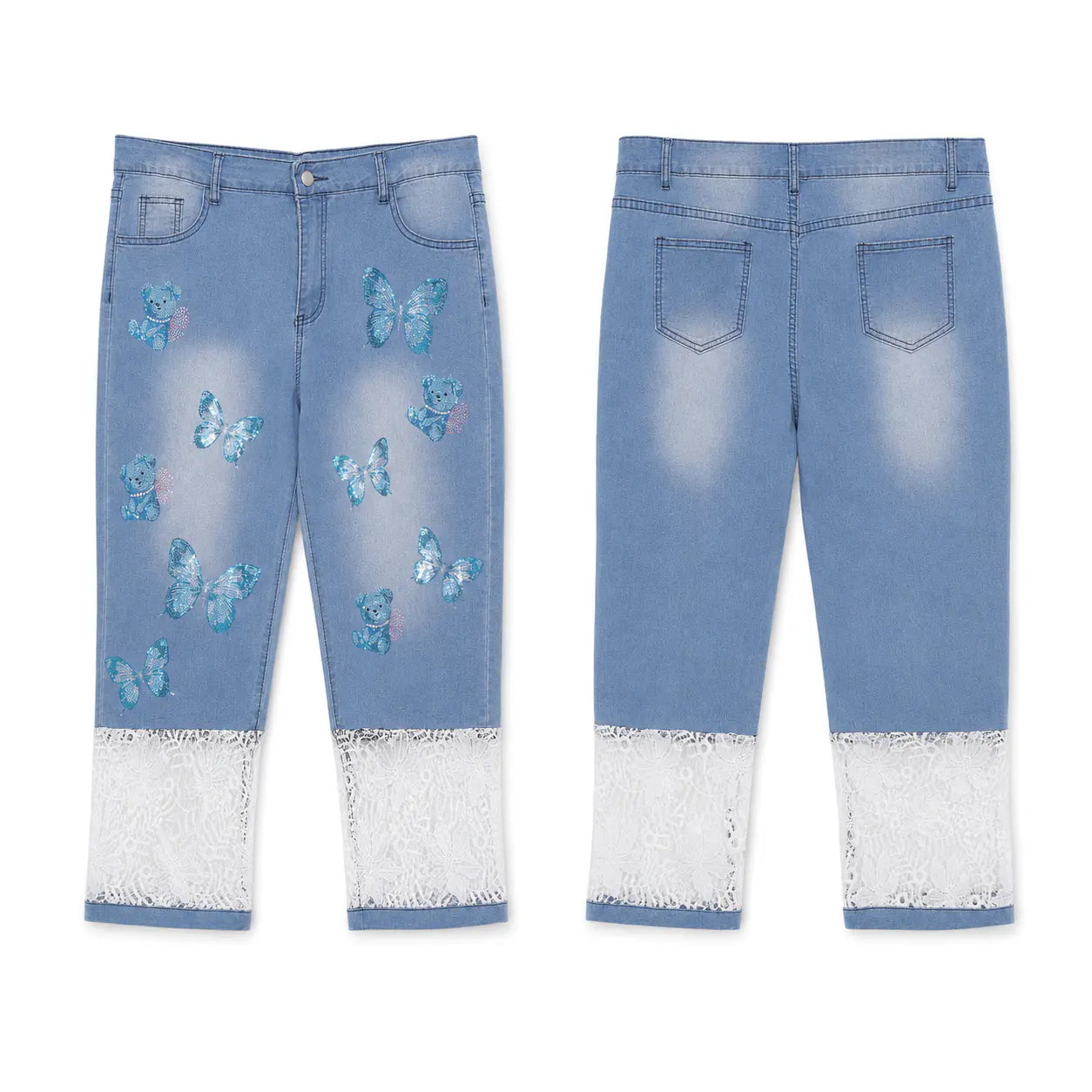 Light blue denim jeans shown from both front and back views, featuring blue butterfly embellishments on the front legs and a white lace-like ruffle hem detail. TCH Blue Butterfly & Teddy Bear Lace Hem Denim Jeans