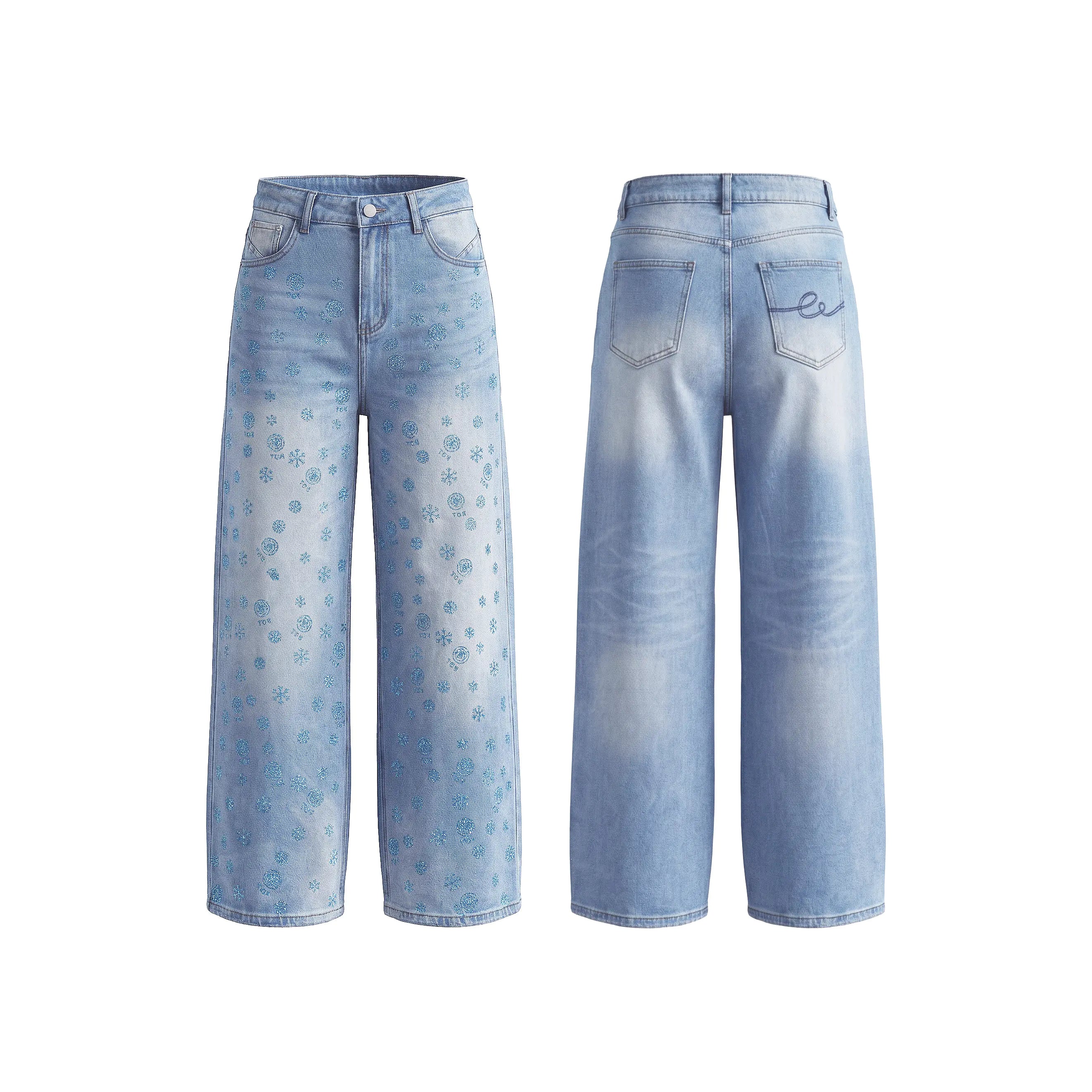 Light blue jeans with subtle pattern on a white background, TCH Blue Snowflake Rhinestone Denim Jeans