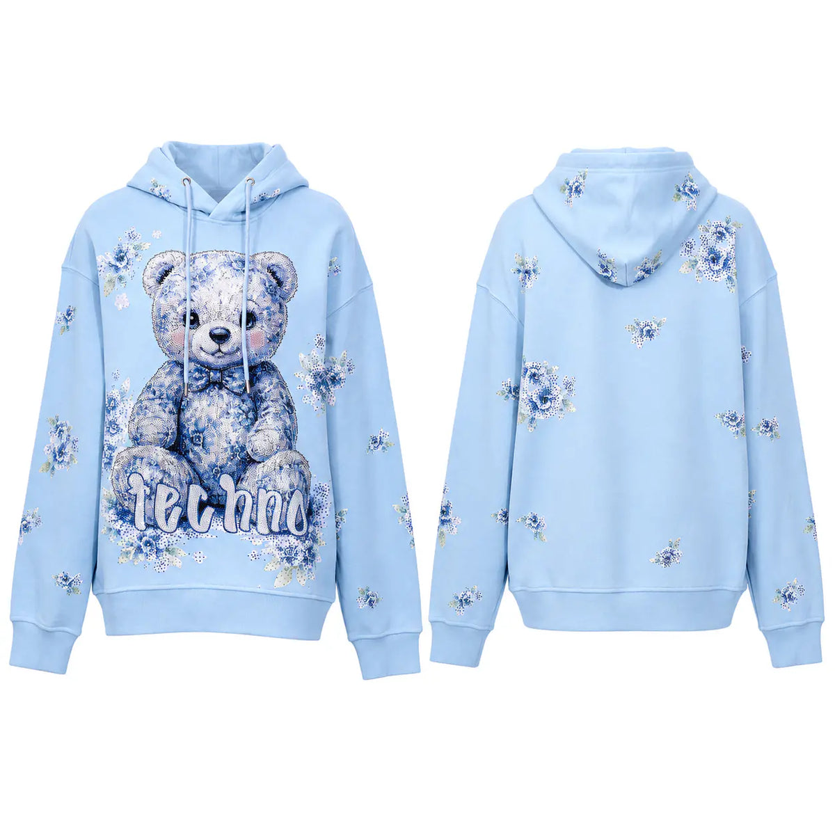 A light blue pullover hoodie shown from both front and back. The front features a large teddy bear graphic with blue floral details and the word 'FELINE' across the chest. TCH Blue Teddy Bear Floral Rhinestone Hoodie