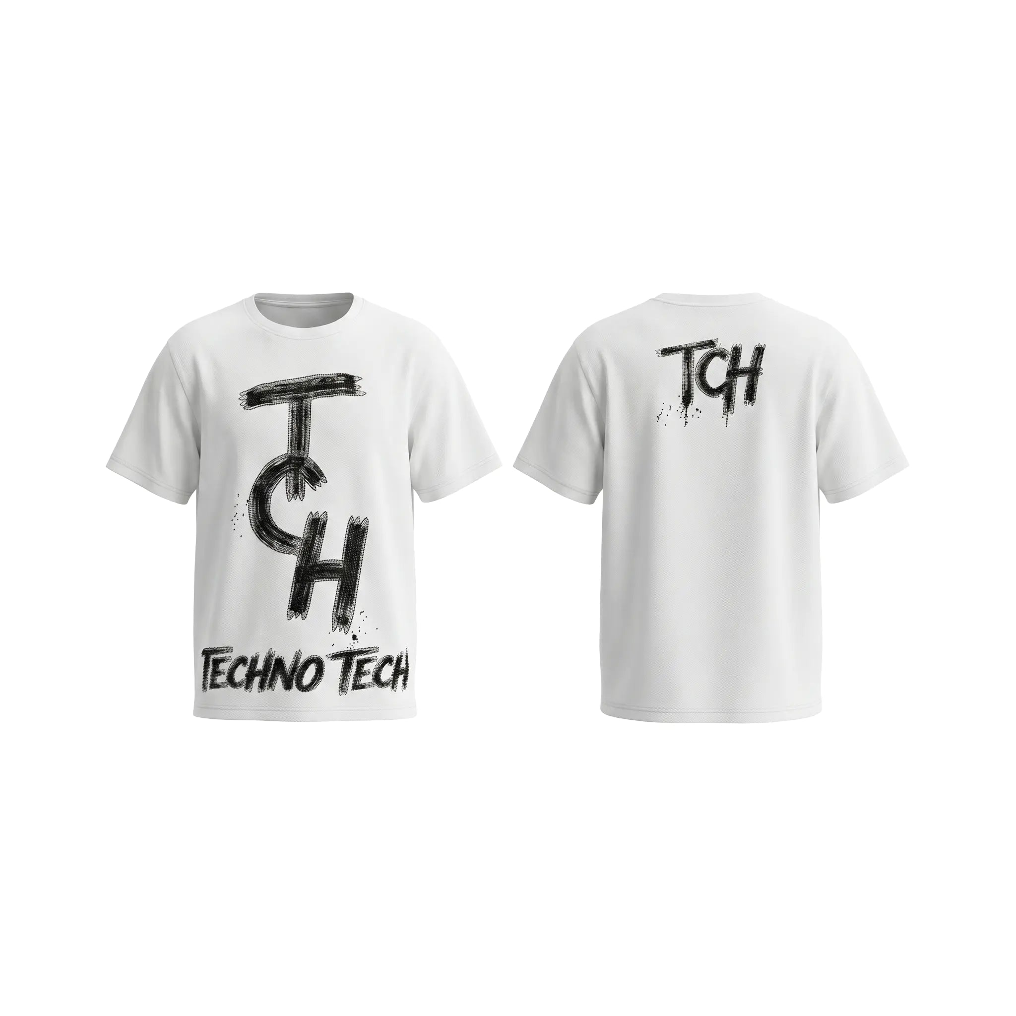 White short-sleeve t-shirt shown from both front and back views. The front features a large black distressed 'TCH' logo with 'TECHNO TECH' written underneath, while the back displays a smaller matching 'TCH' logo. TCH Brush Logo Graphic Oversized T-Shirt