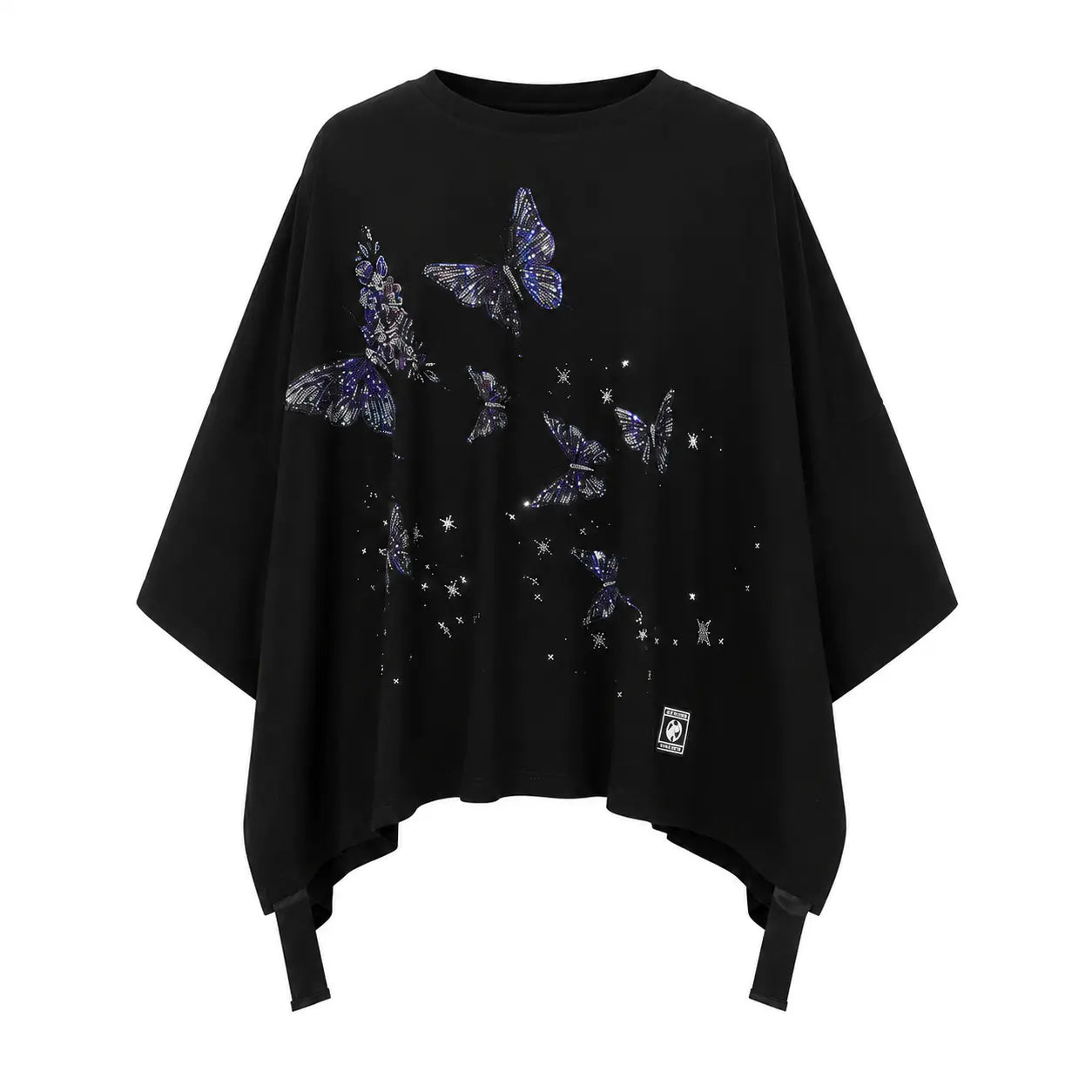 Black poncho with butterfly designs on a white background, TCH Butterfly Rhinestone Oversized T-Shirt