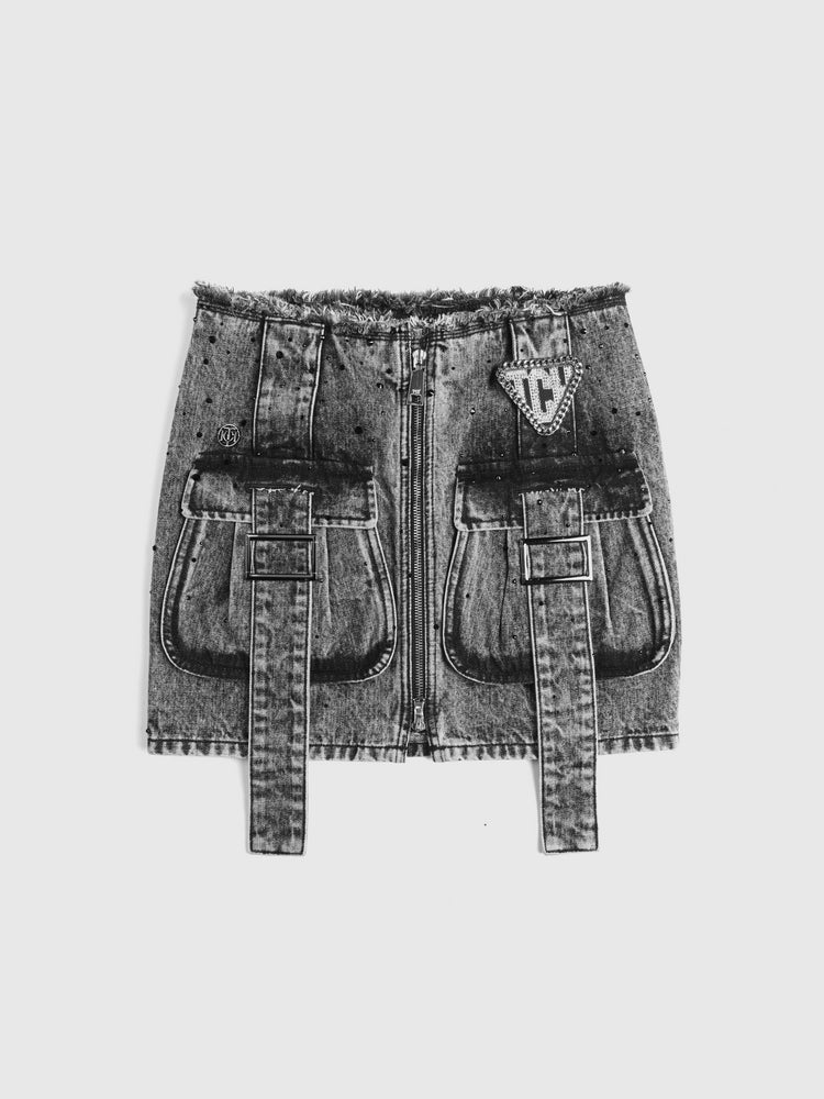 tch cargo pocket distressed print belted denim mini skirt gray HighEnd Luxury Streetwear Brand Official Showcase
