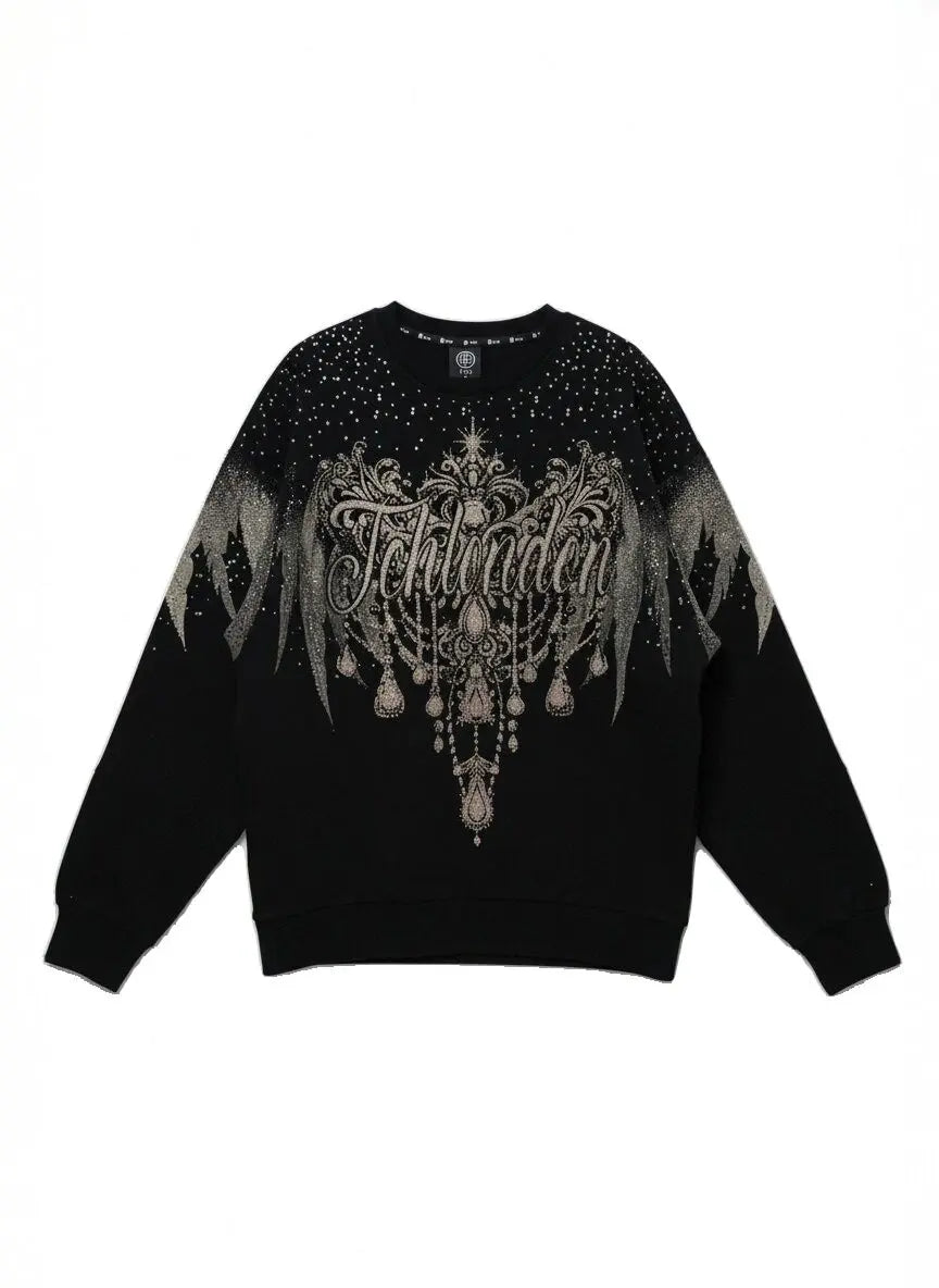 Black sweatshirt with silver embellishments and 'Tattly' branding on a white background, TCH Celestial Wing Graphic Crewneck Sweatshirt
