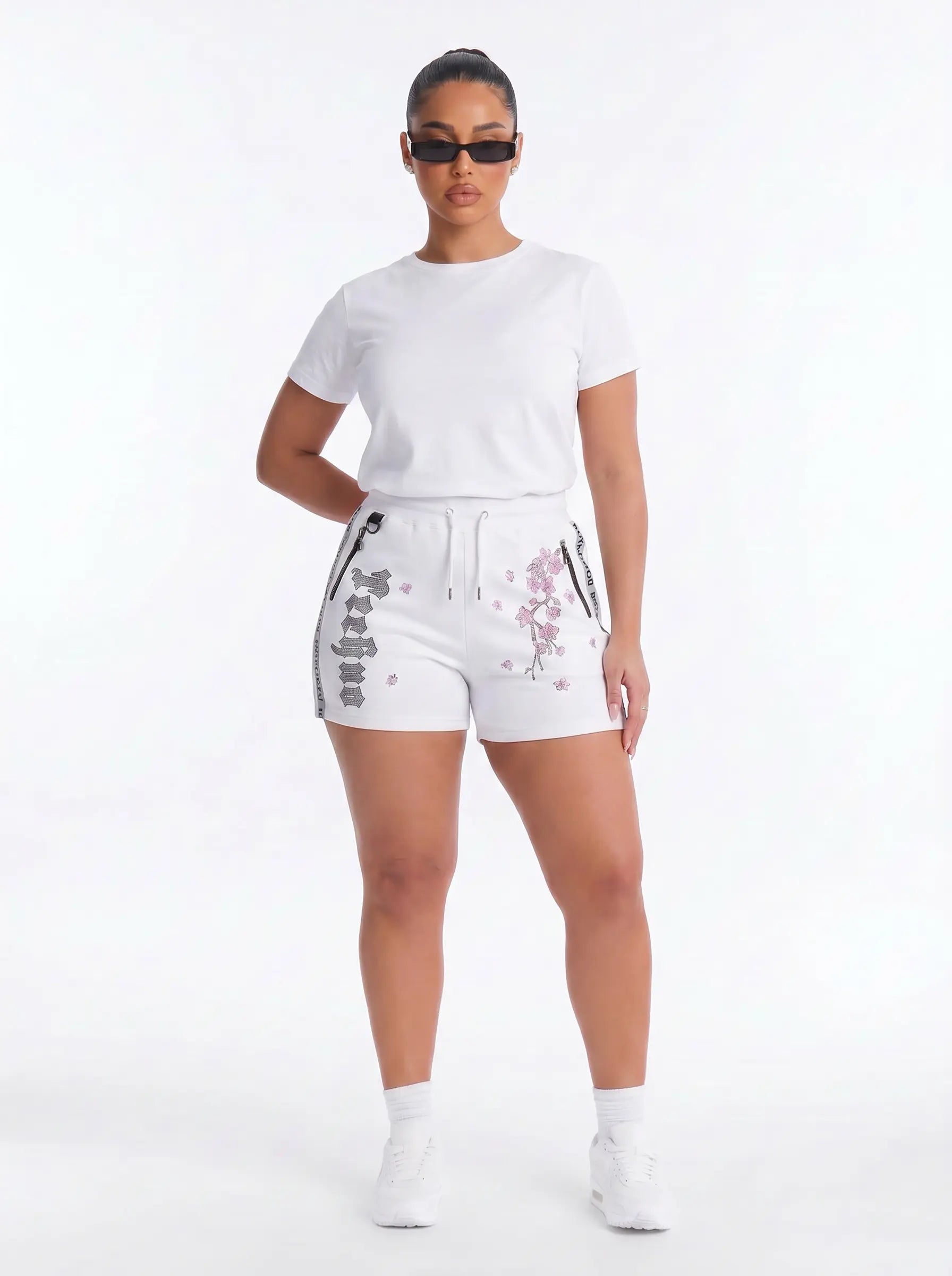 TCH Cherry Blossom Rhinestone Shorts White Streetwear Drawstring Sweat Shorts Luxury Streetwear Brand Official Showcase