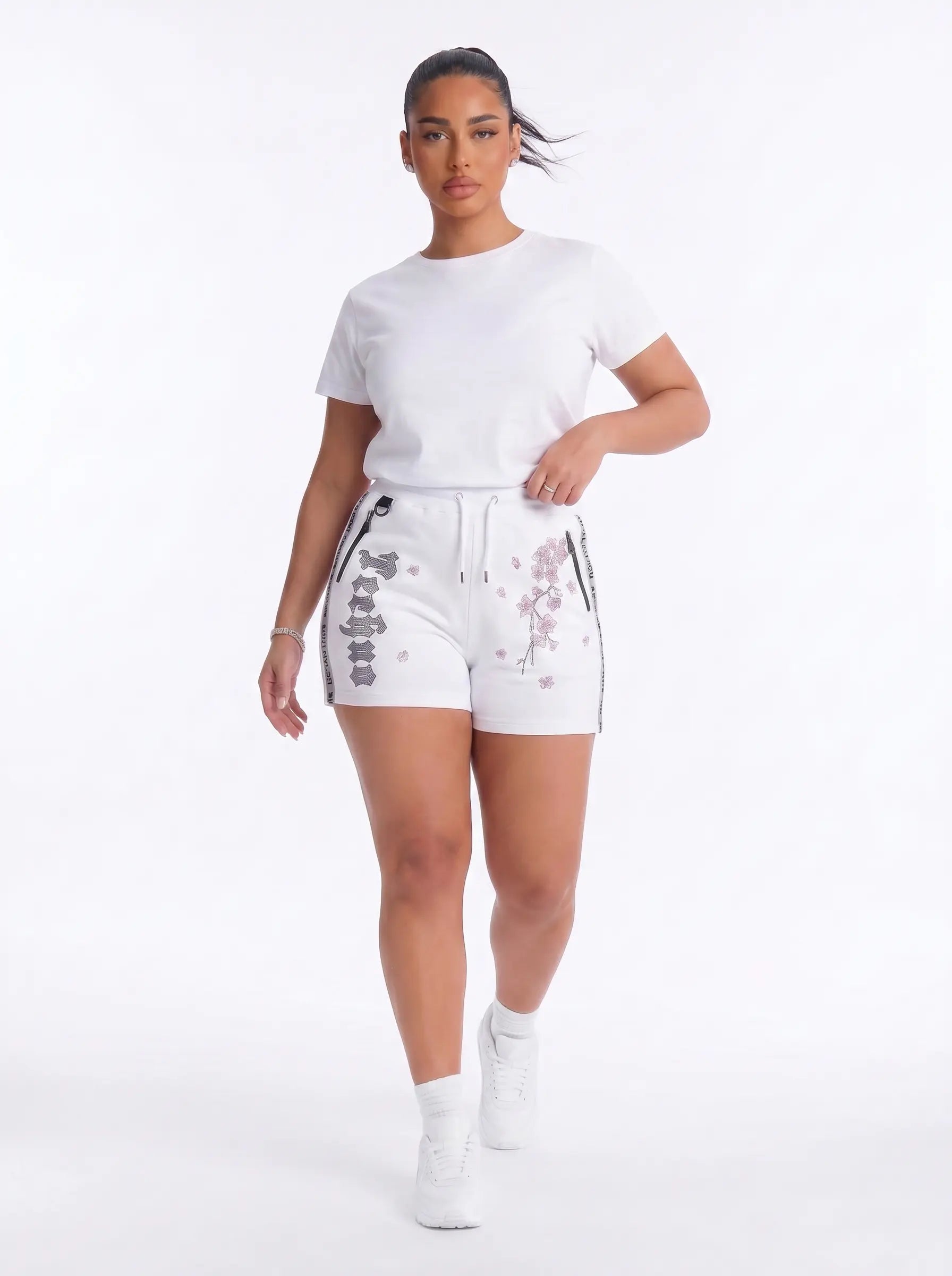 TCH Cherry Blossom Rhinestone Shorts White Streetwear Drawstring Sweat Shorts Luxury Streetwear Brand Official Showcase