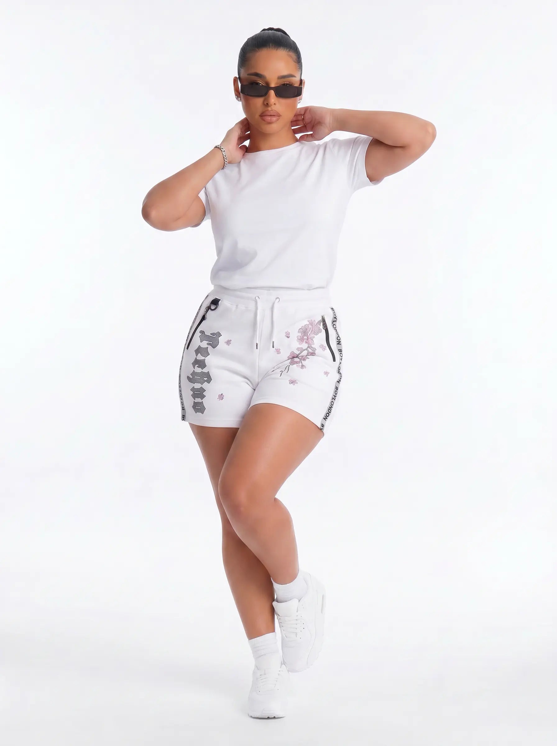 TCH Cherry Blossom Rhinestone Shorts White Streetwear Drawstring Sweat Shorts Luxury Streetwear Brand Official Showcase