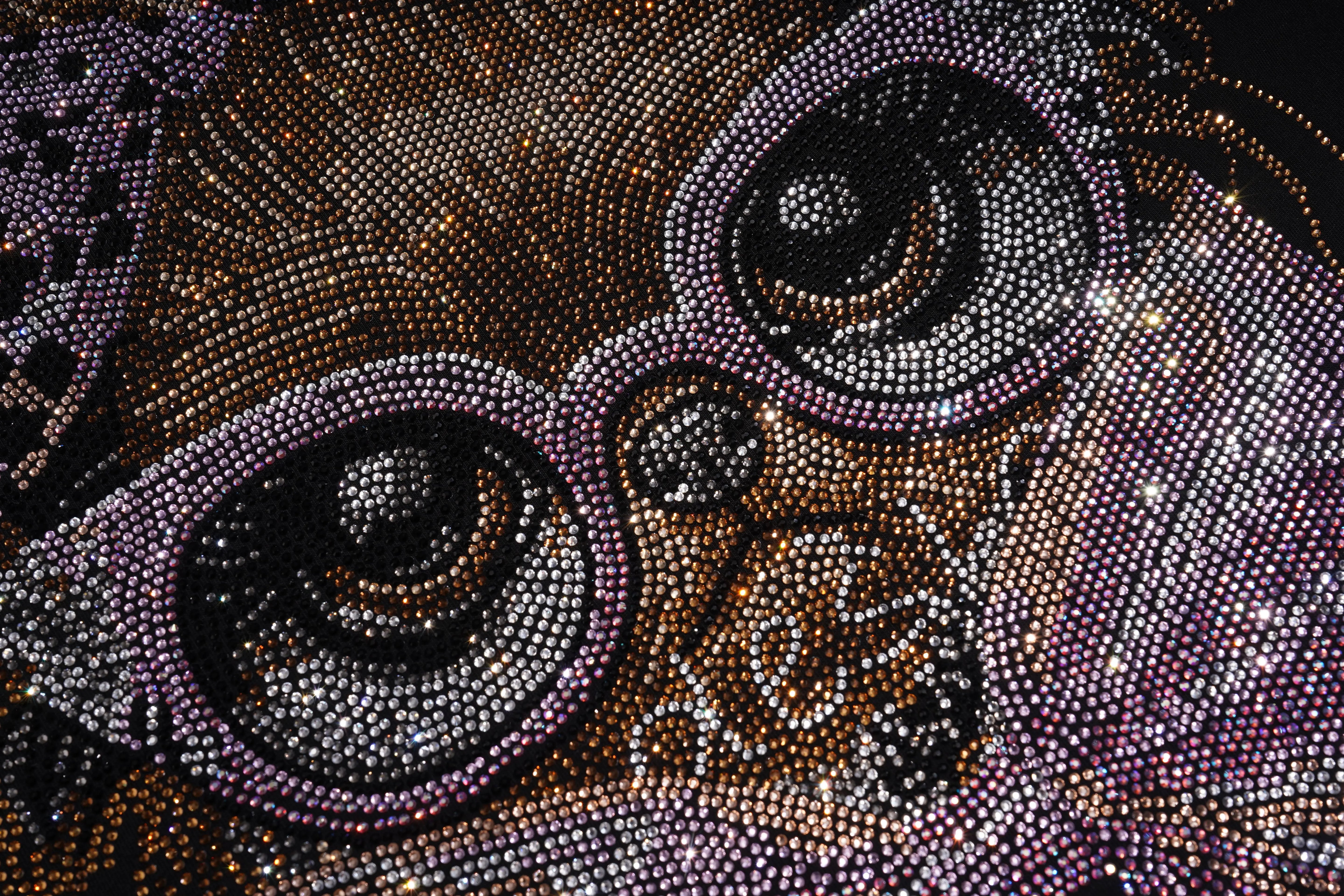 Close-up of a detailed artwork of a cat's face made from small beads or stones. TCH Chihuahua Bow Rhinestone T-Shirt