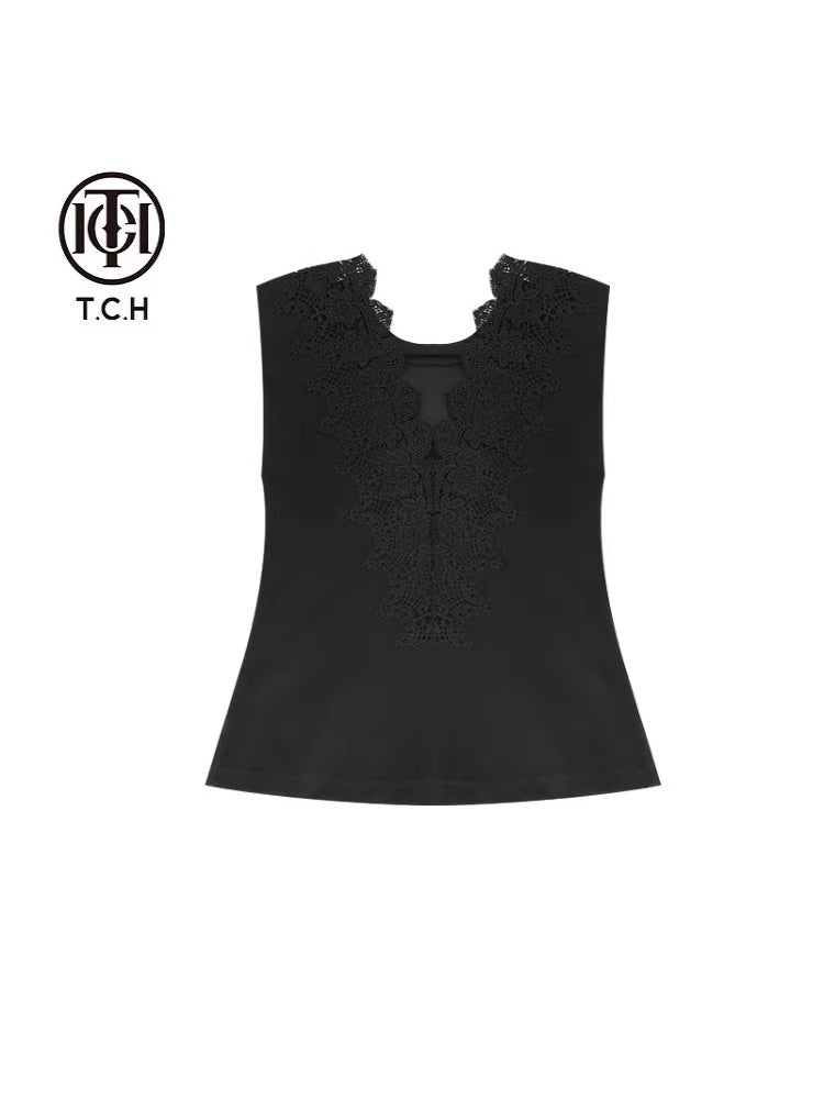 tch crystal-embellished lace contrast tank top black HighEnd Luxury Streetwear Brand Official Showcase