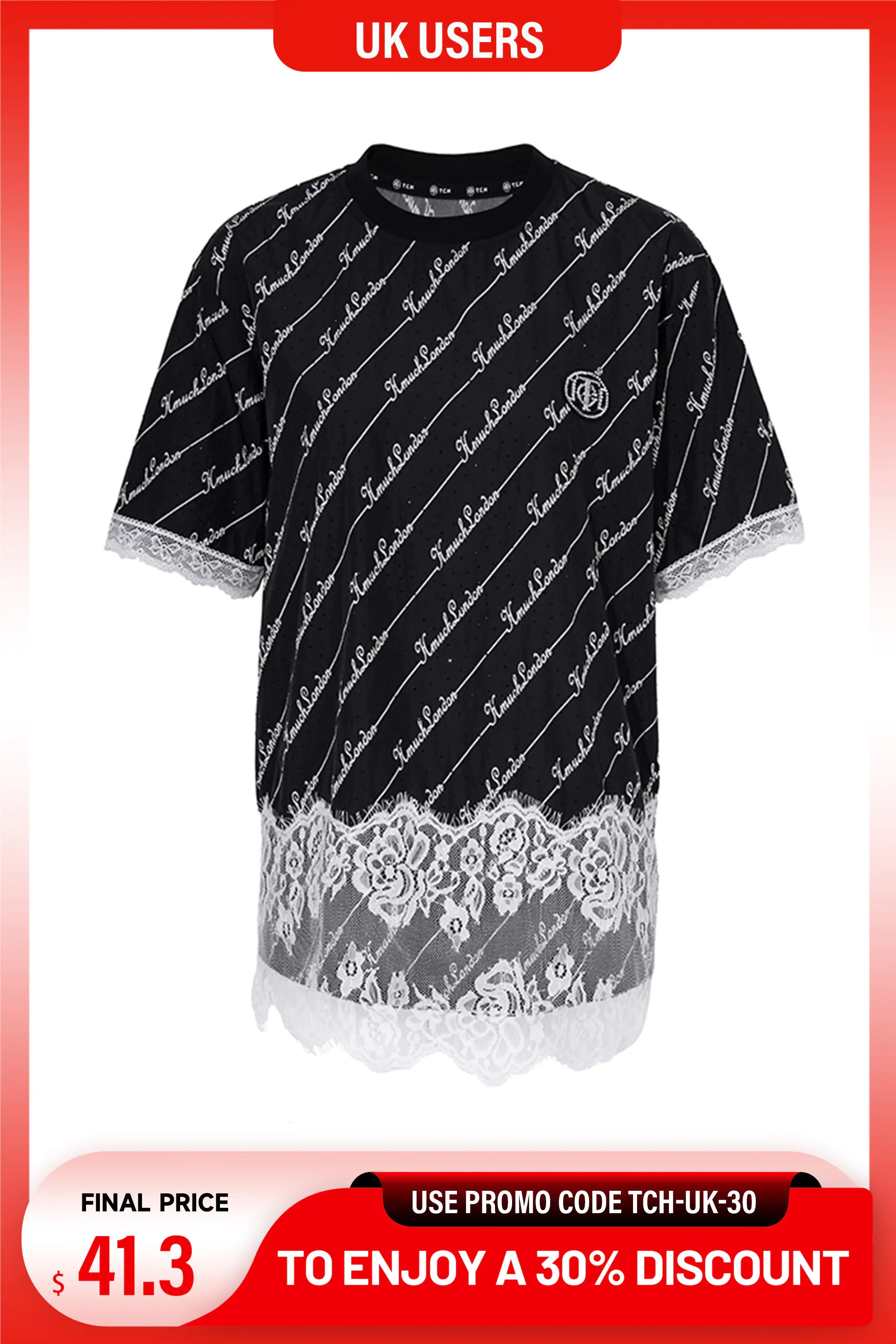 A black short-sleeve t-shirt with white diagonal script text and a white lace hem, displayed on a white background with promotional text banners. TCH Crystal-Logo Lace Contrast Black T-shirt Dress