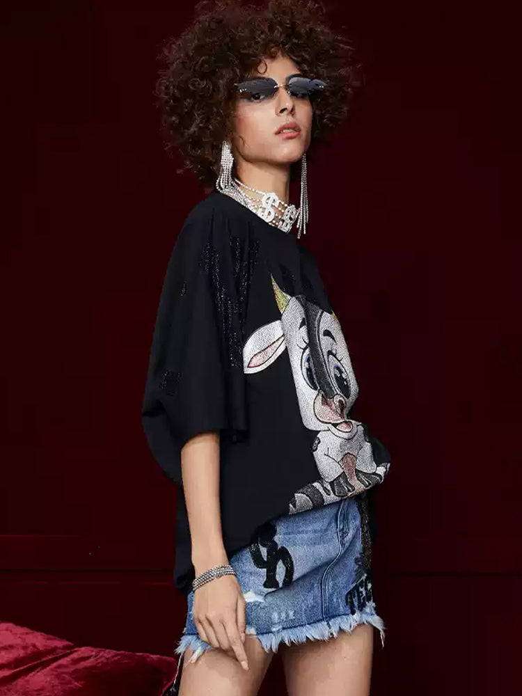 tch cute cow rhinestone oversized t-shirt black HighEnd Luxury Streetwear Brand Official Showcase