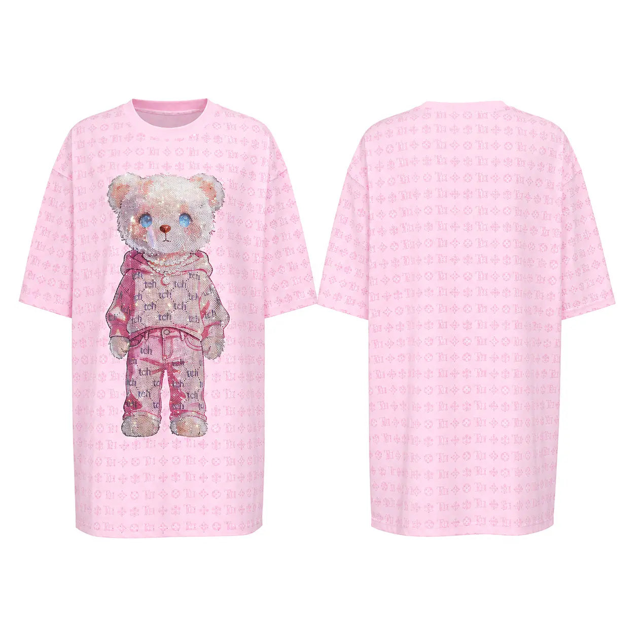 A pink short-sleeve t-shirt shown from both front and back views. The front features a graphic of a teddy bear wearing a matching pink and beige monogram-patterned pajama set. TCH Cute Hoodie Teddy Bear Rhinestone Oversized T-Shirt Dress