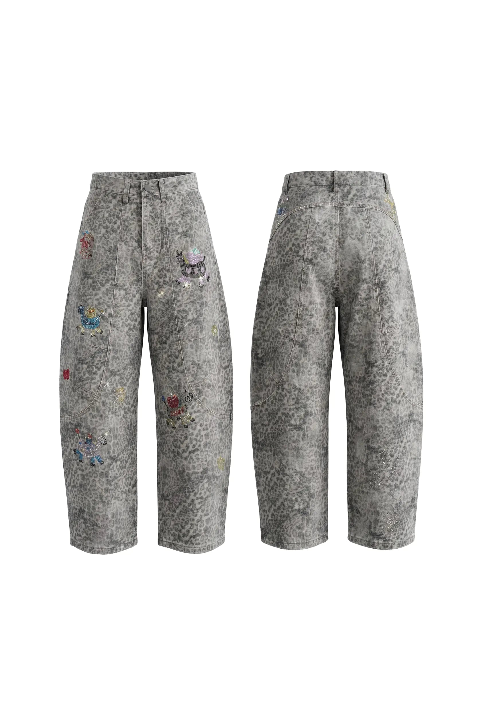Pair of gray pants with colorful embroidery on a white background, TCH Cute Pony Rhinestone Grey Leopard Wide-Leg Jeans