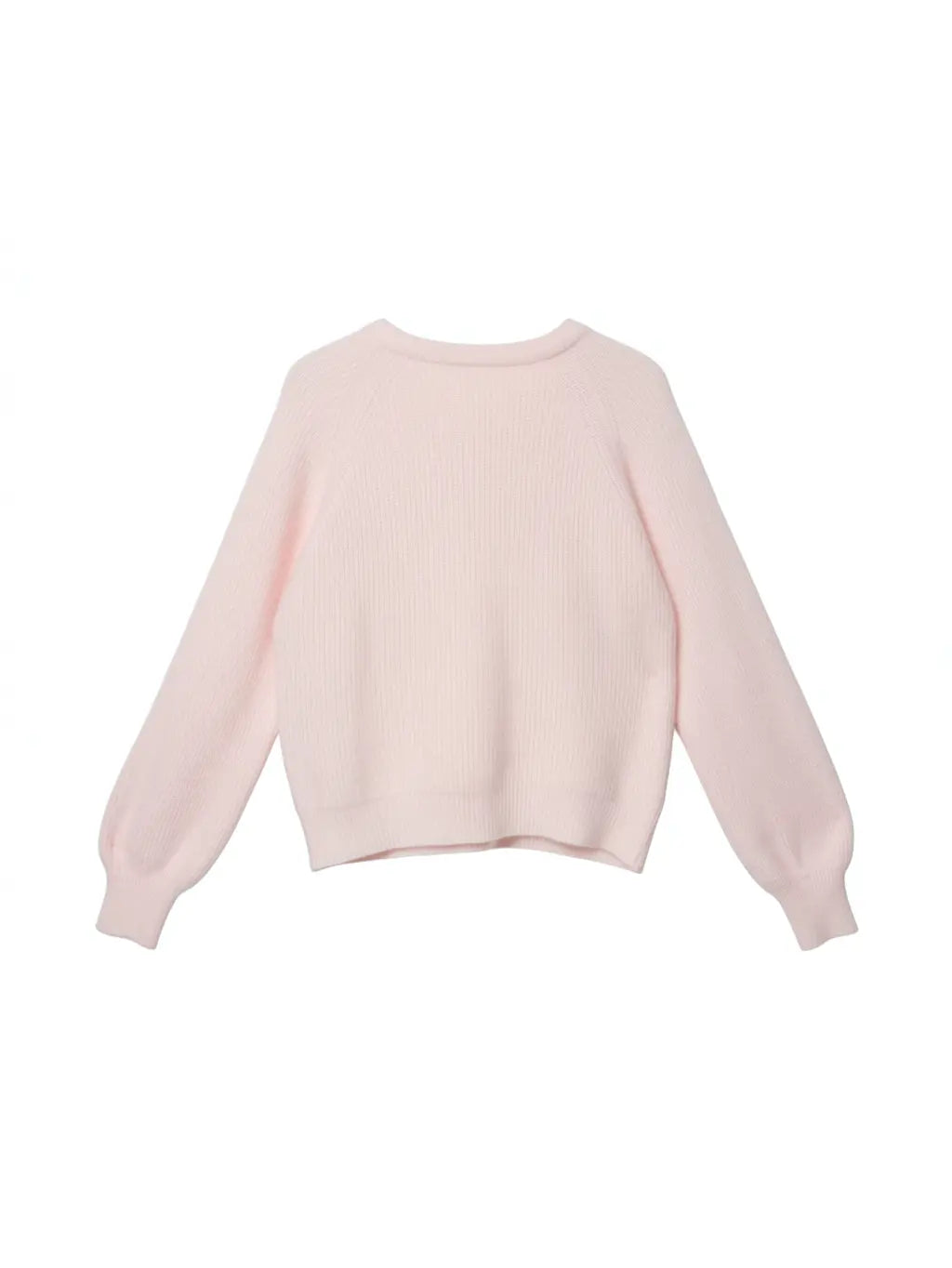 A light pink ribbed knit sweater with long balloon sleeves, shown from the back on a plain white background. TCH Cute Rhinestone Animal Garden Knit Cardigan