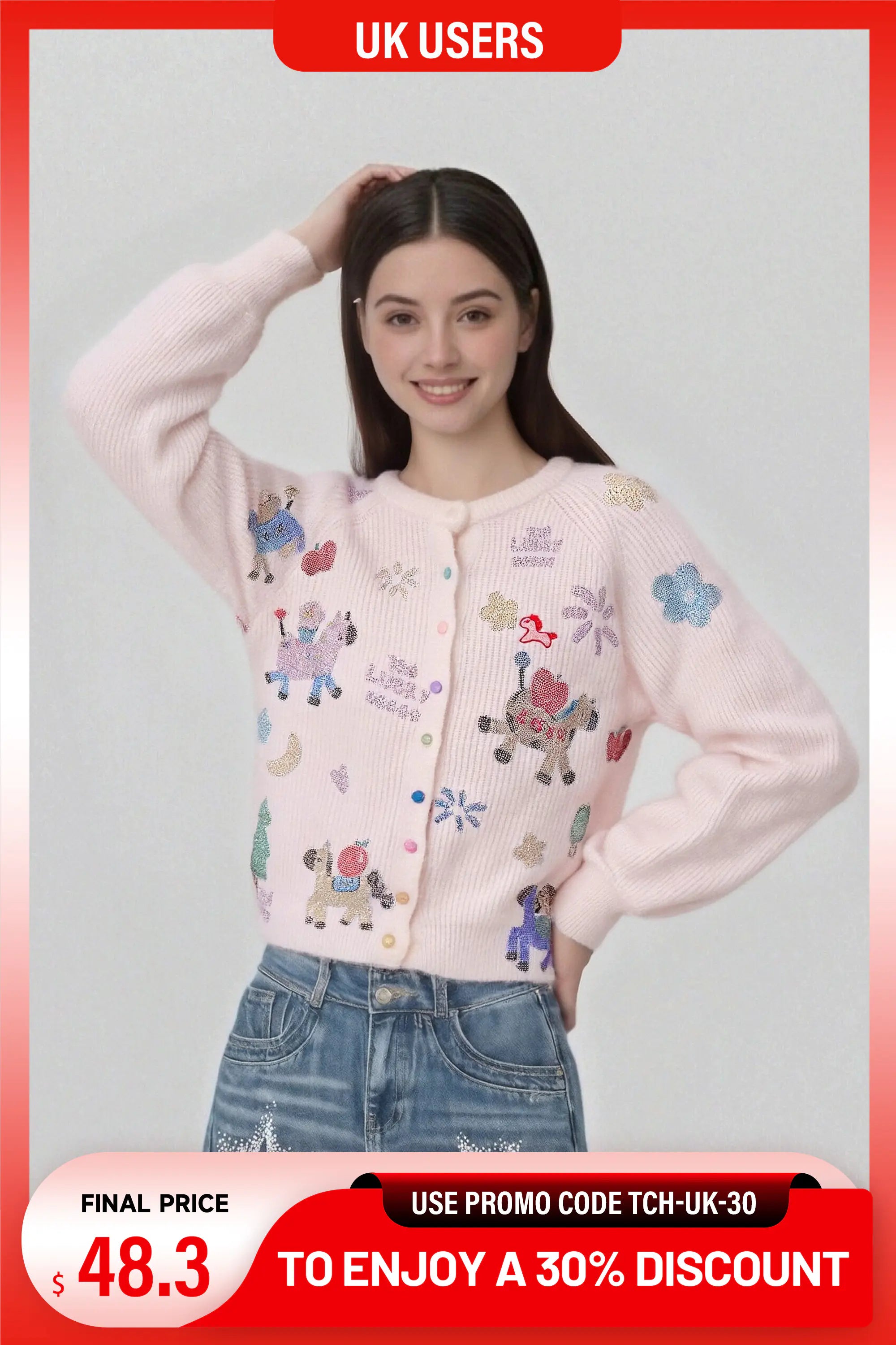 A woman wearing a light pink ribbed cardigan with colorful cartoon animal prints, paired with blue jeans, set against a light gray background with promotional text banners. TCH Cute Rhinestone Animal Garden Knit Cardigan