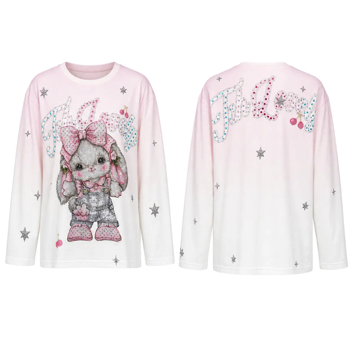 A children's long-sleeve top shown from both front and back. The base color is a very pale pink fading into white, decorated with a large pink bunny graphic on the front, rhinestone-style 'Alicia' lettering on the back, and scattered silver star accents. TCH Cute Rhinestone Cat Graphic Pink Long Sleeve T-Shirt