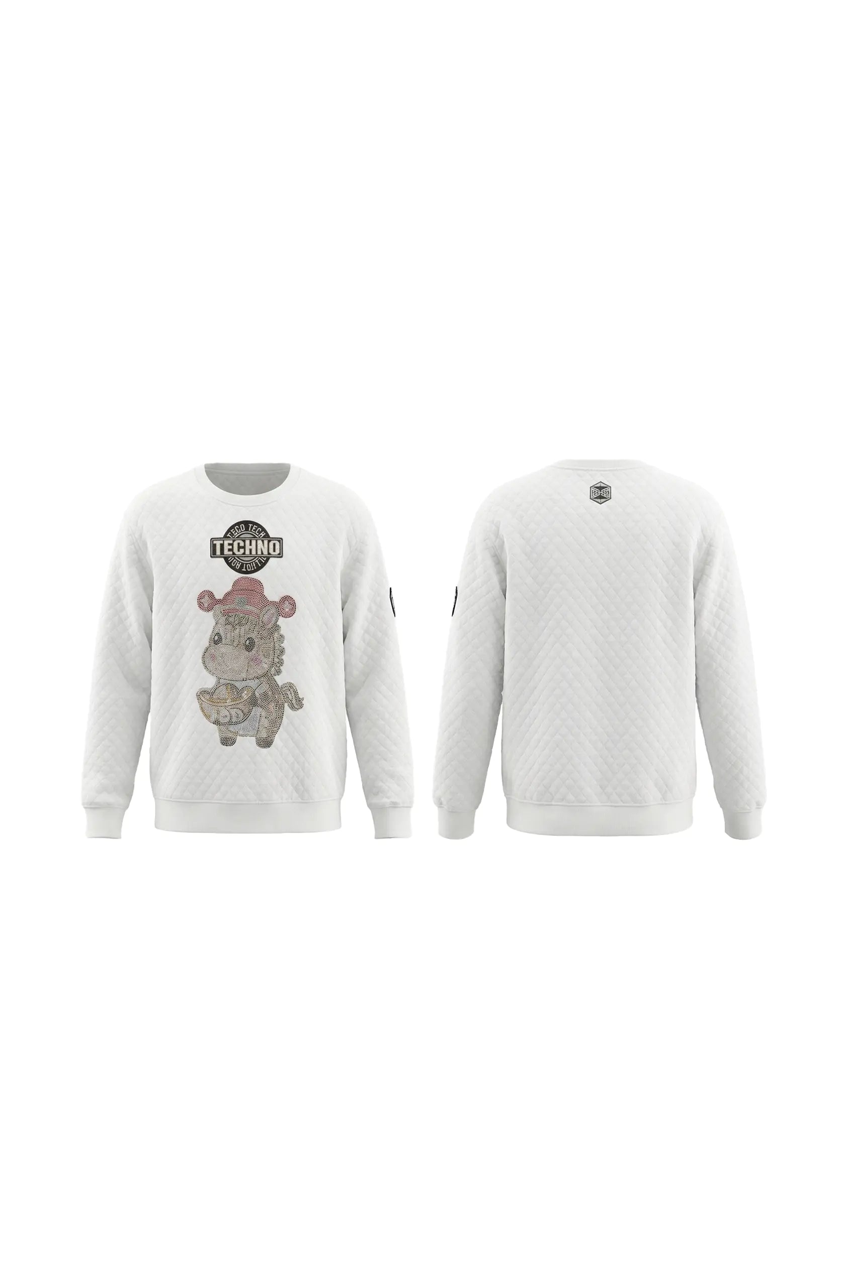 White sweatshirt with teddy bear graphic and 'Techno' text on a white background, TCH Cute Rhinestone Fortune Pony Sweatshirt