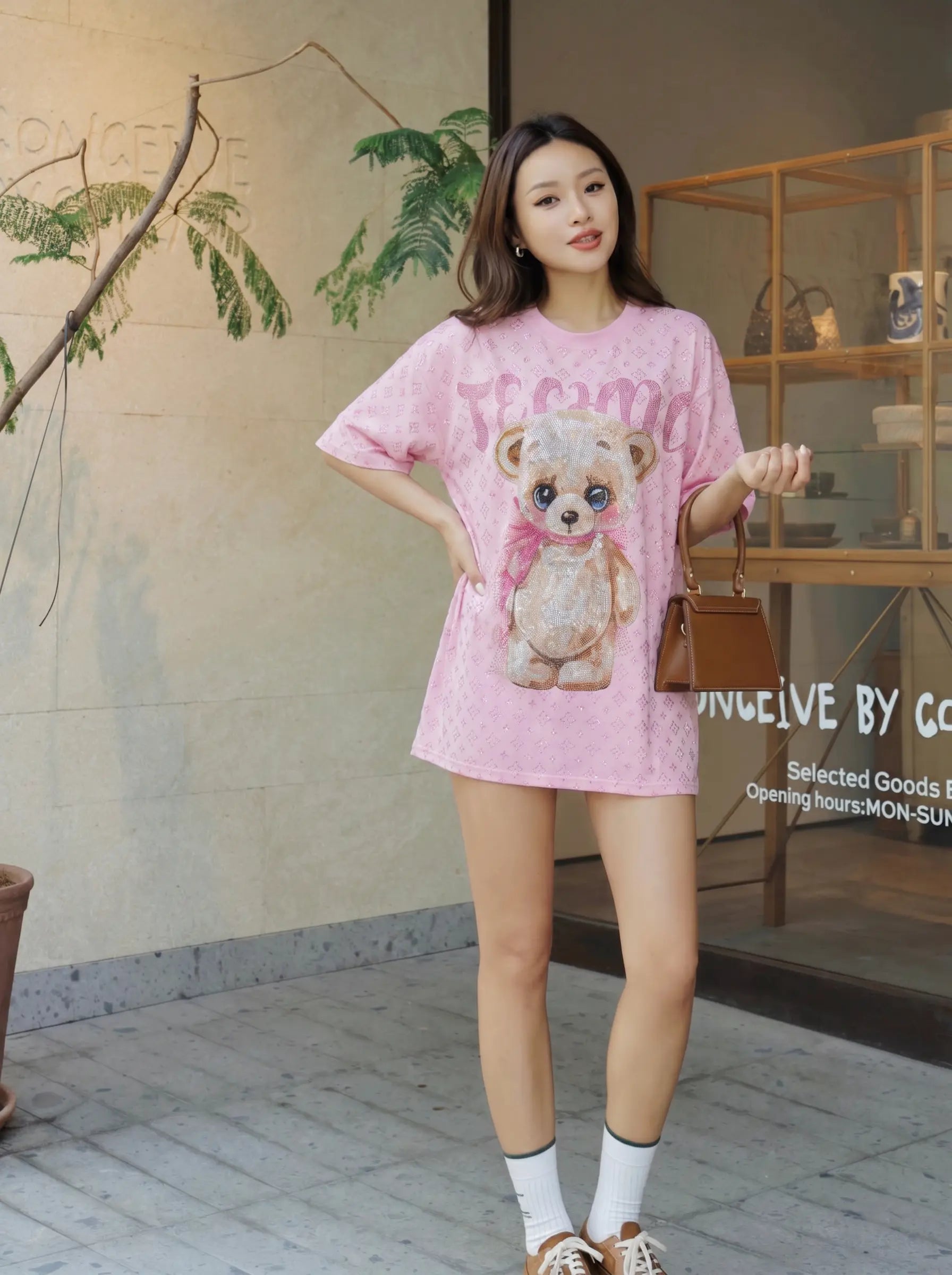 A woman modeling a pink oversized graphic T-shirt dress with a teddy bear print, paired with white socks and brown shoes, standing in front of a storefront. TCH Cute Teddy Bear Rhinestone Oversized T-Shirt Dress