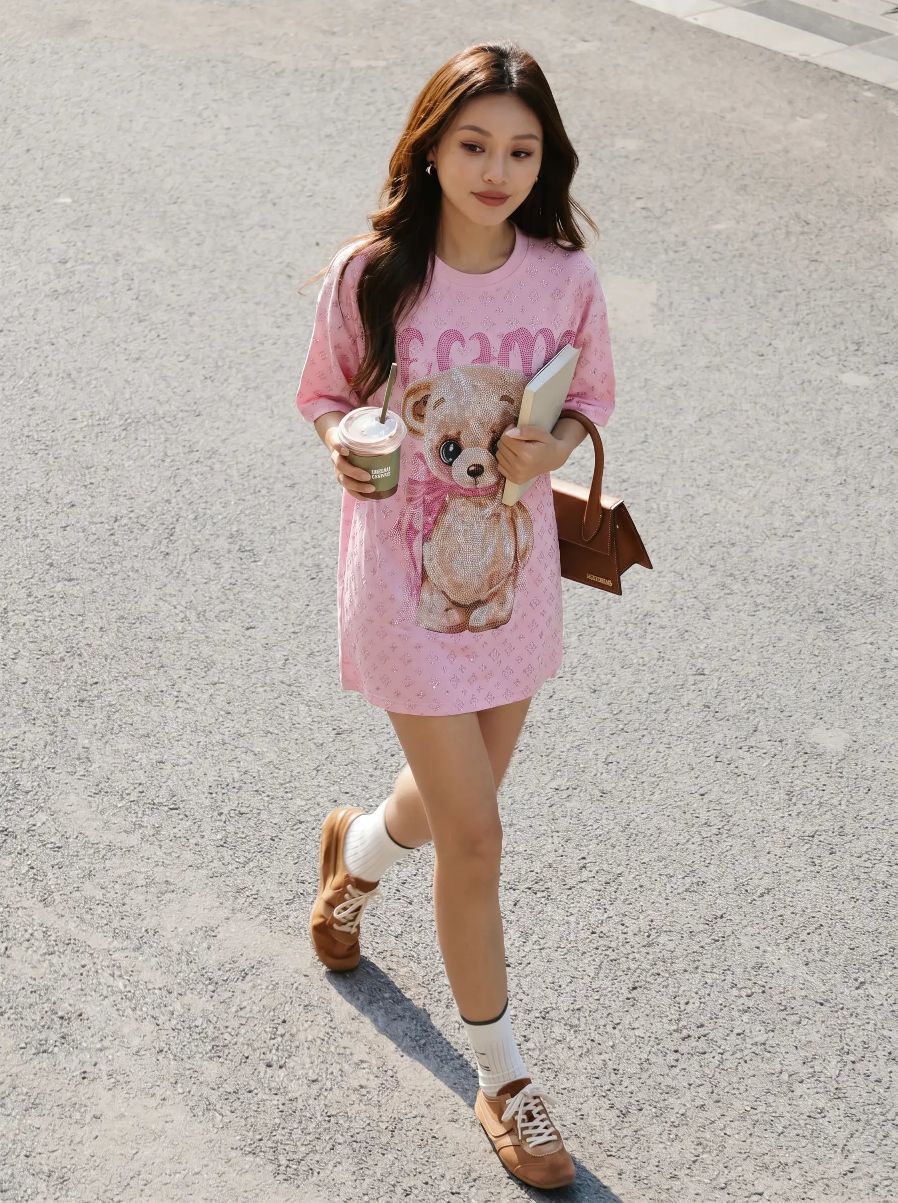 A woman walking outdoors on a paved road wearing a pink short-sleeve t-shirt dress with a cartoon dog graphic and the word 'com' printed on it. She is holding a takeaway coffee cup and a brown handbag. TCH Cute Teddy Bear Rhinestone Oversized T-Shirt Dress