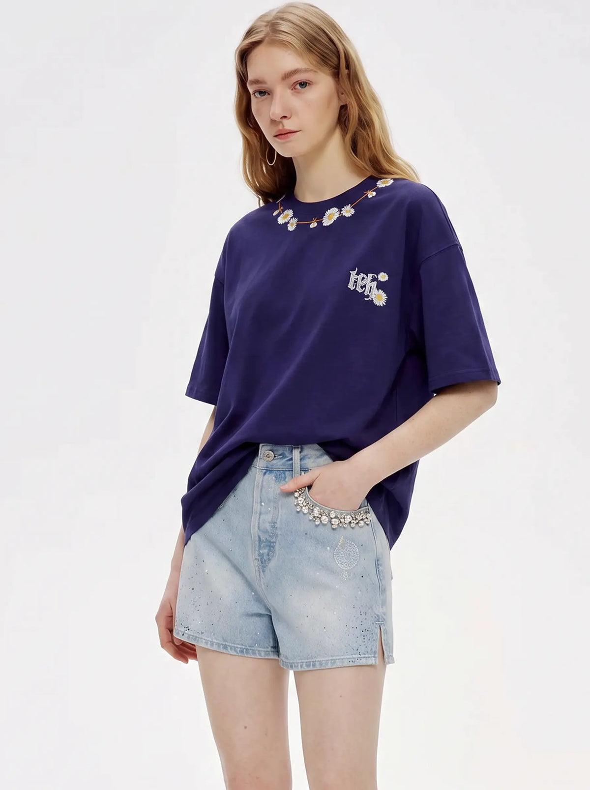 TCH Daisy Flower Graphic Oversized Navy Blue T-Shirt Luxury Streetwear Brand Official Showcase