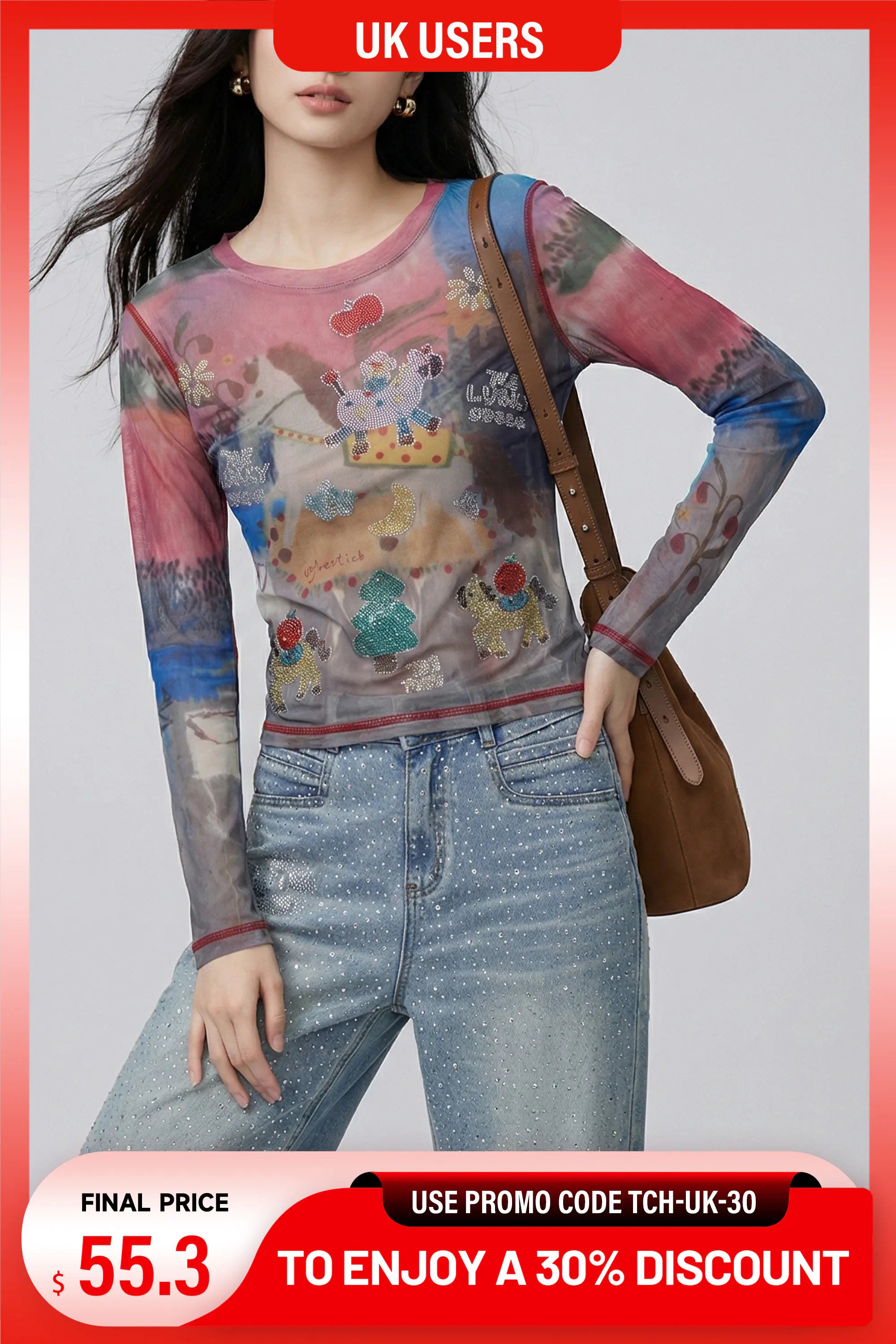 A woman wearing a long-sleeve sheer mesh top with a colorful cartoon cat illustration and blue jeans, carrying a brown shoulder bag. The image has promotional text banners at the top and bottom. TCH Dream Garden Rhinestone Mesh Long Sleeve Top