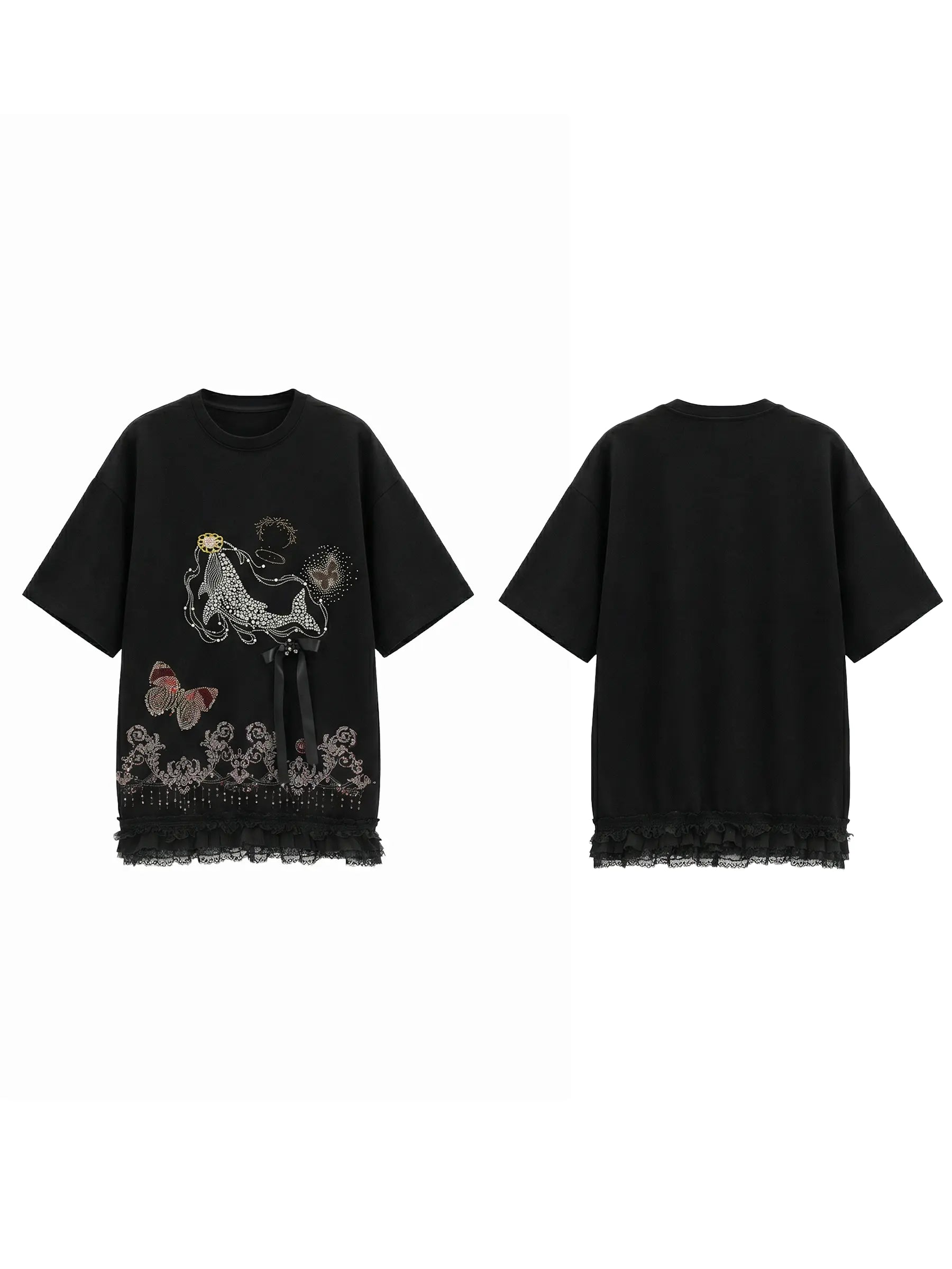 Black t-shirt with lace details on a white background, TCH Dream Whale Rhinestone Lace Midi Dress