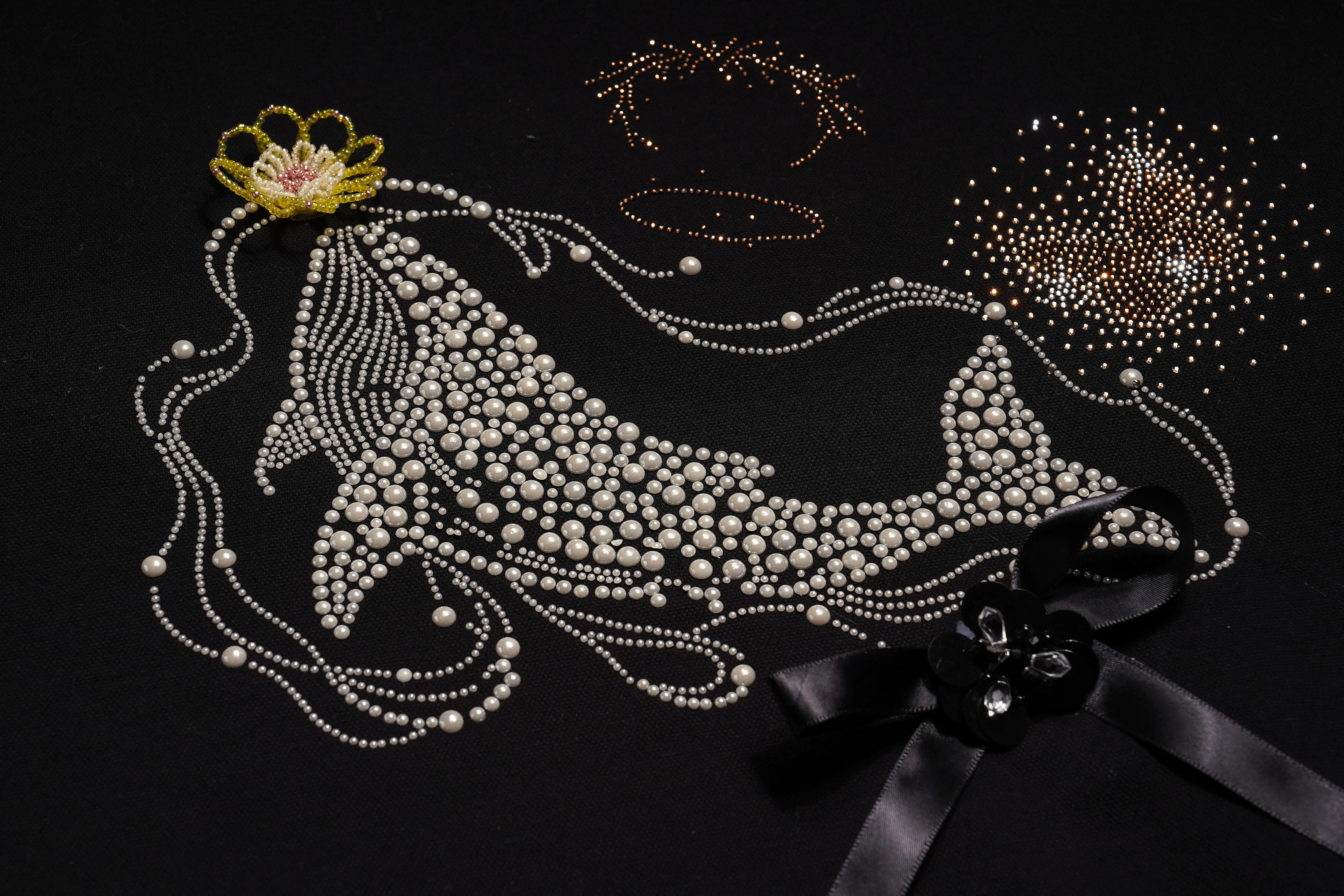 Decorative mask with pearls, ribbons, and embellishments on a black background, TCH Dream Whale Rhinestone Lace Midi Dress