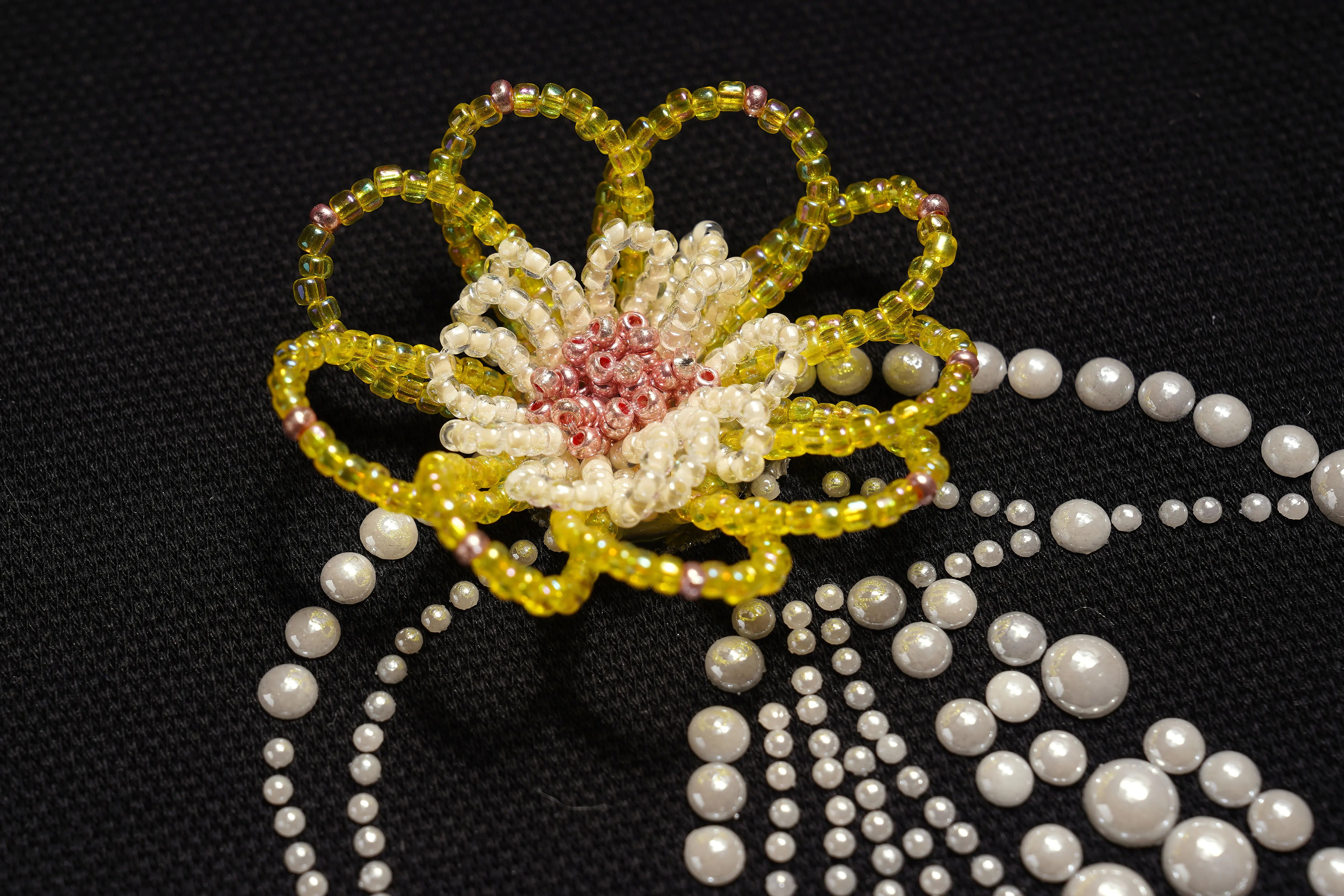 Decorative brooch with yellow and white beads on a black background, TCH Dream Whale Rhinestone Lace Midi Dress